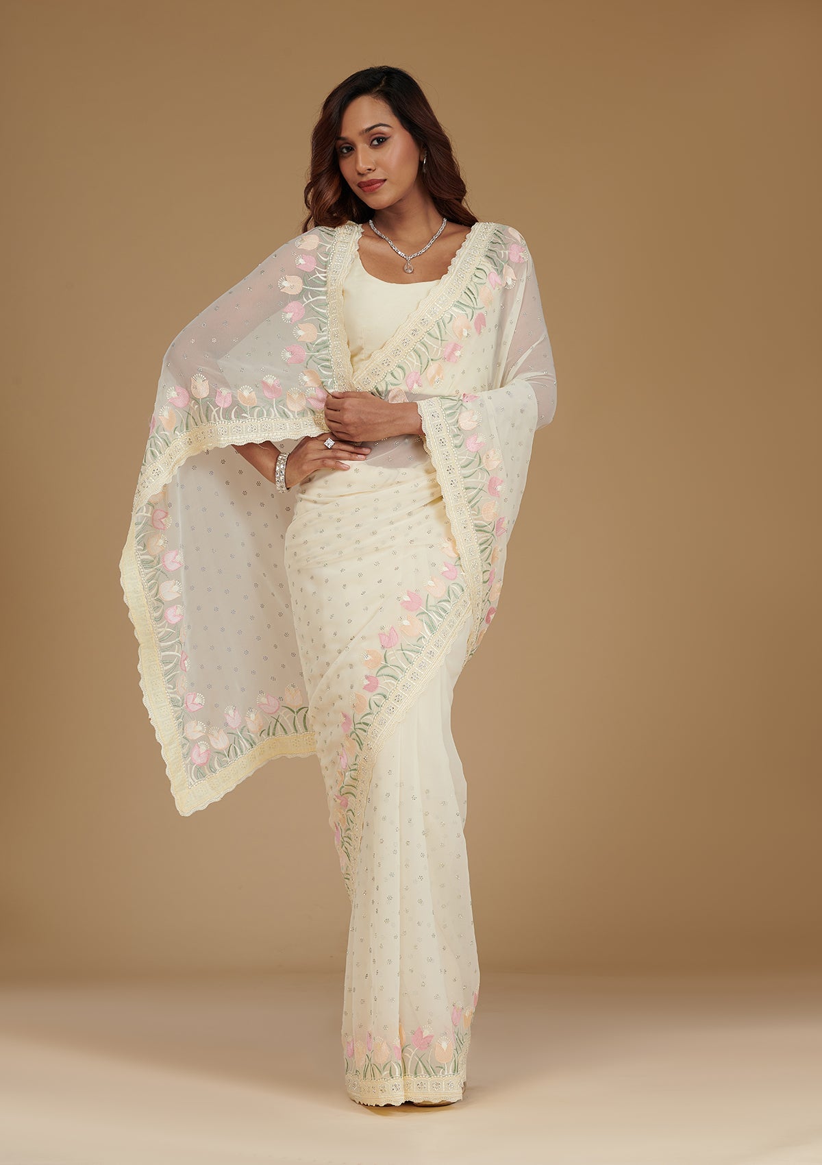 Koskii Cream Sequins Georgette Saree – Women's