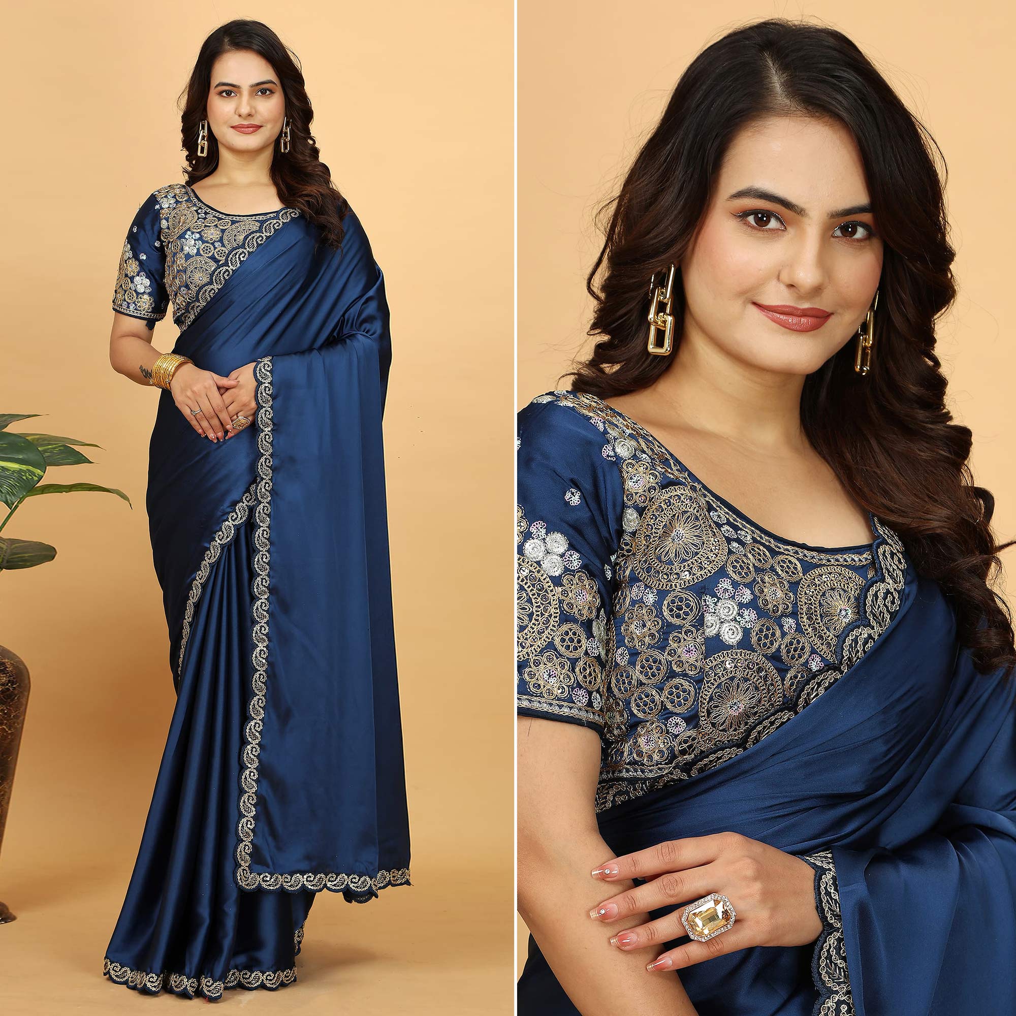 Peachmode Blue Solid Satin Saree With Sequins Embroidered Border