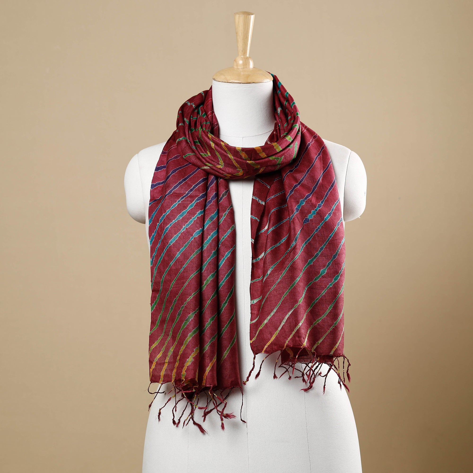LEHARIYA BY BADSHAH MIYAN Brown - Multicolour Leheriya Tie-Dye Tussar Silk Handloom Stole with Tassels