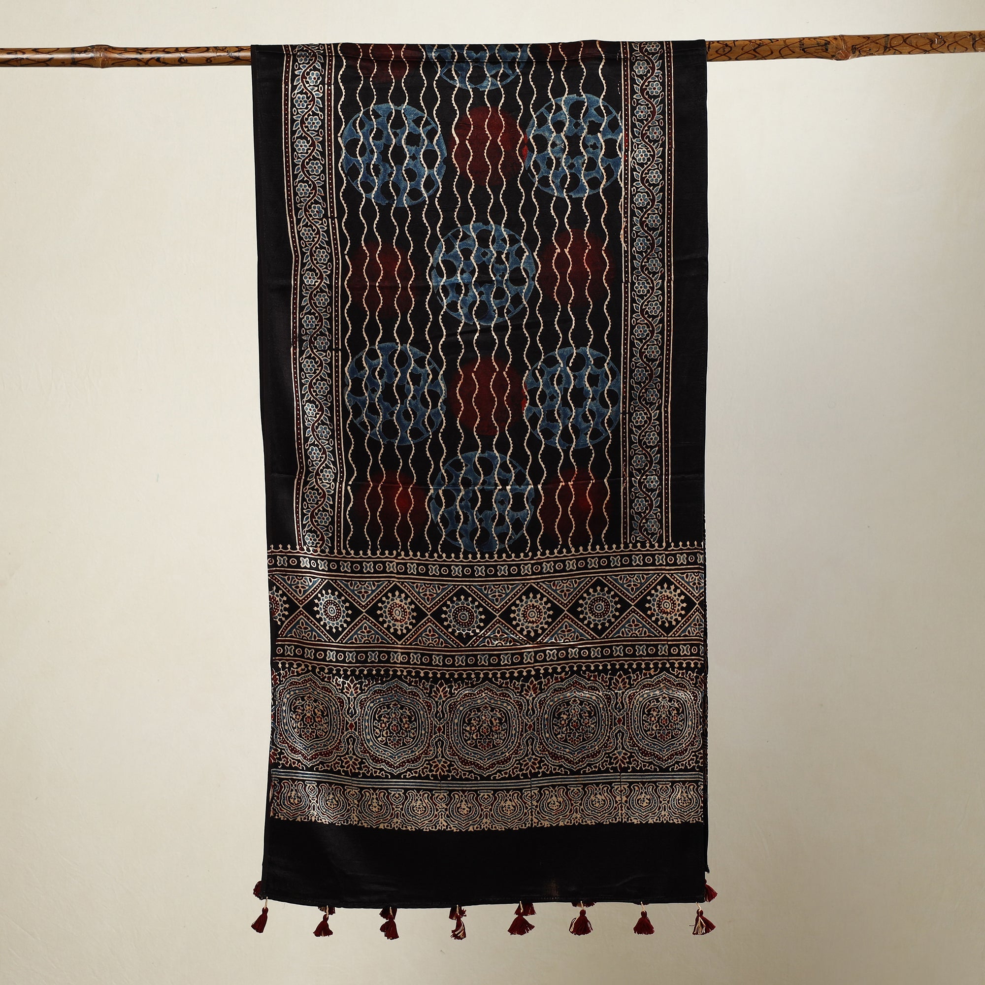 RIYAZ ABDULMAJID KHATRI - AJRAKH Black - Ajrakh Block Printed Mashru Silk Stole with Tassels - view 2