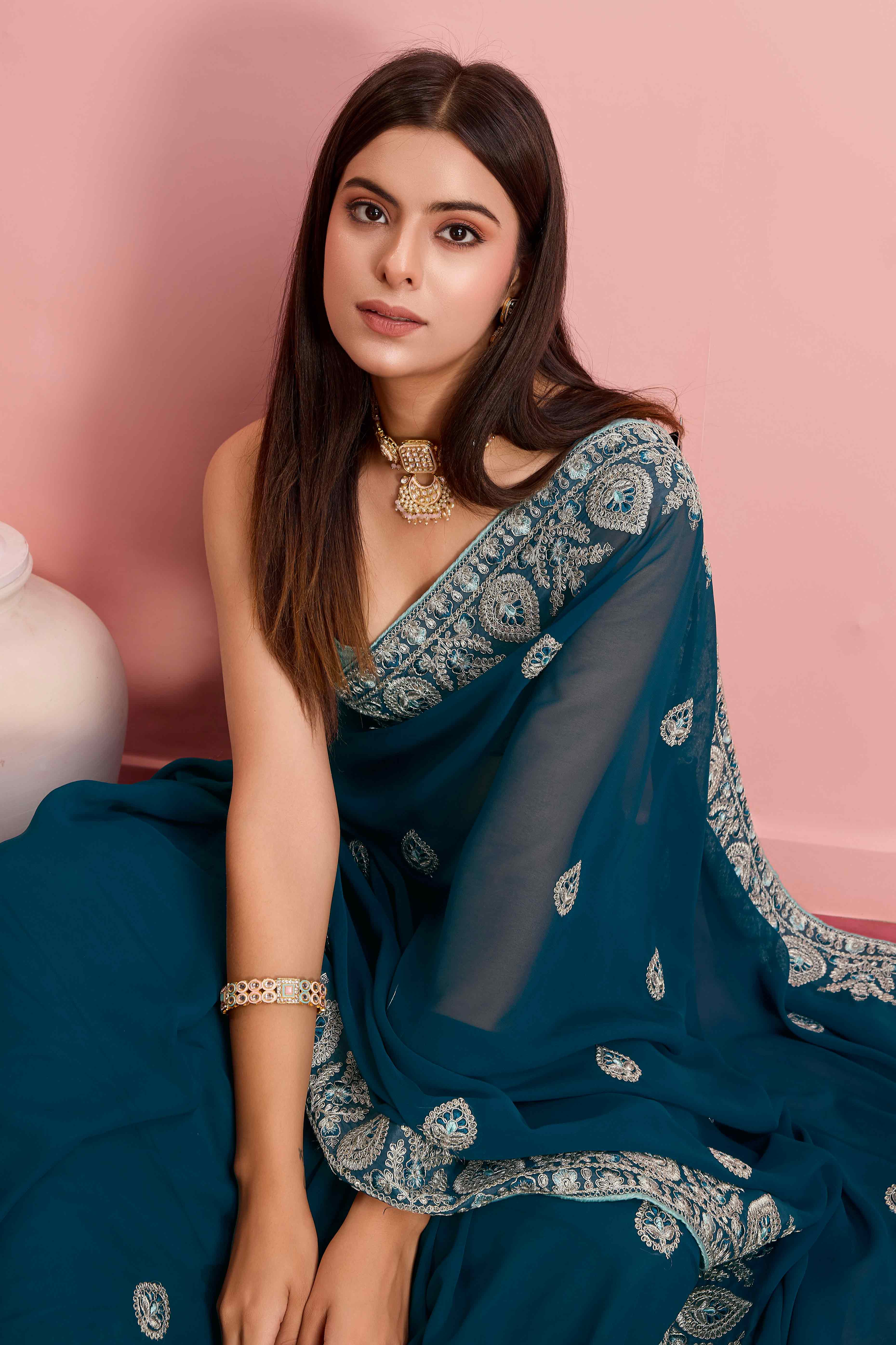 Peachmode Morpich Blue Floral Sequins Embroidered Georgette Saree - view 6