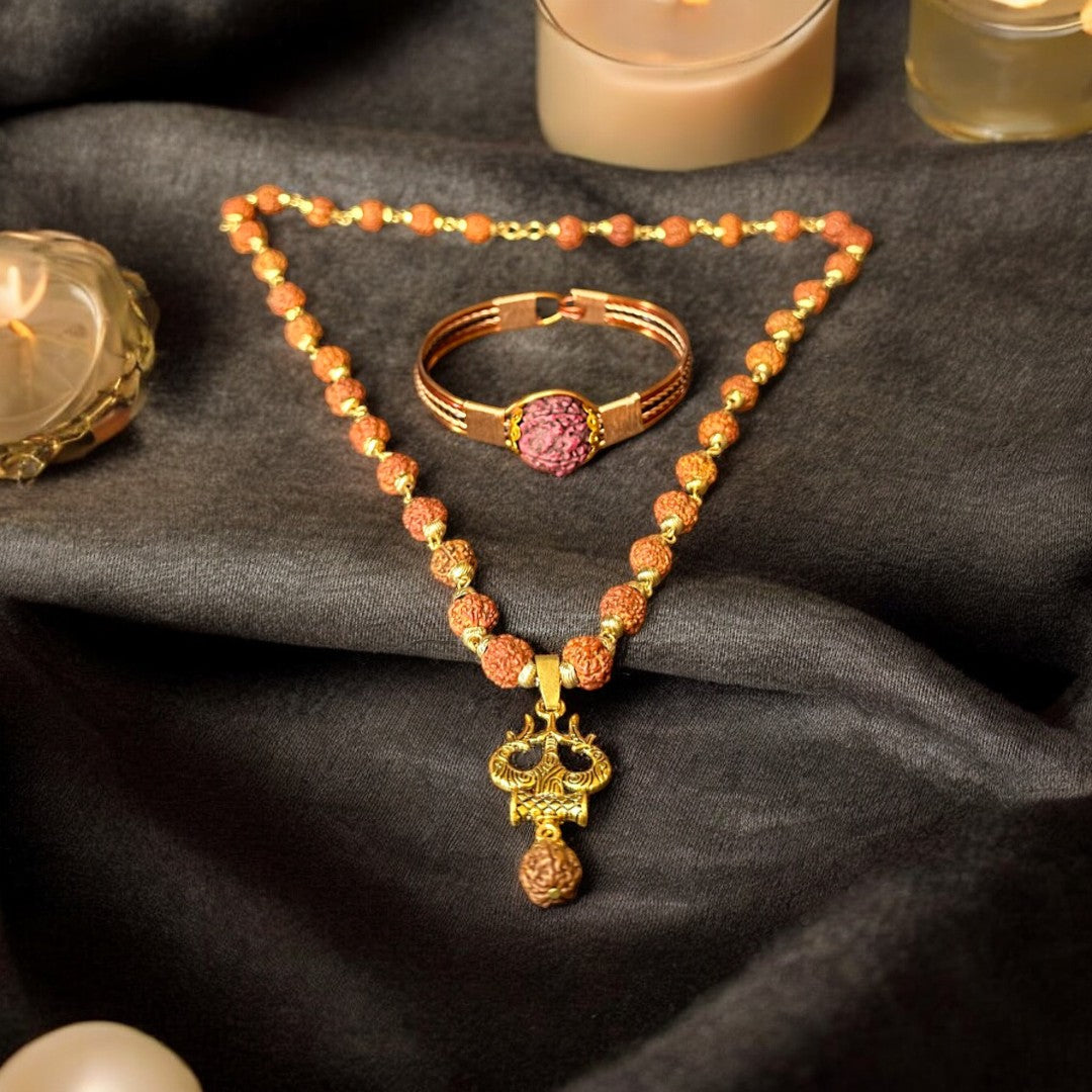 Soultheory Trishool Rudraksha Necklace Mala + Pure Copper Rudraksha Bracelet (Combo)