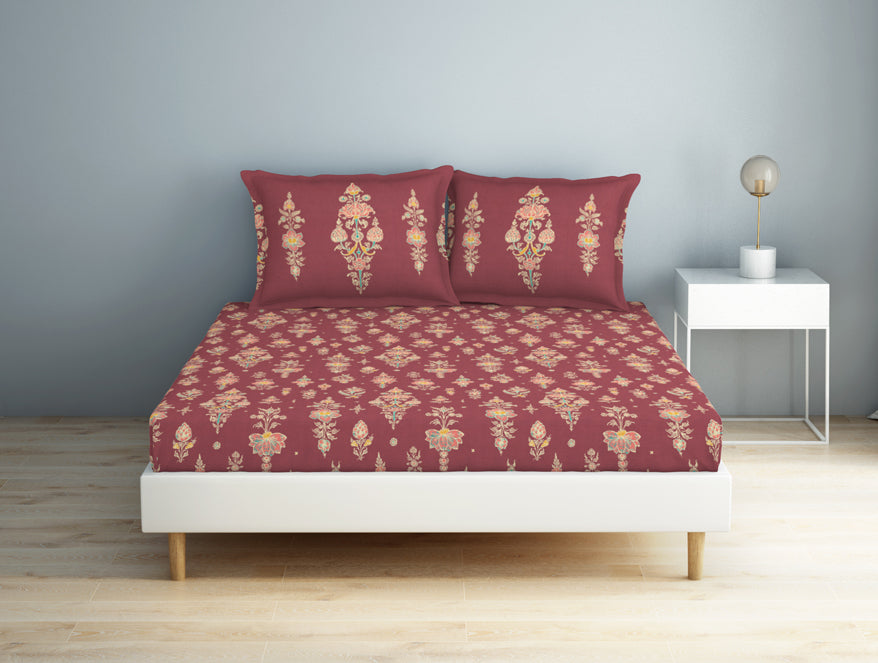 Spaces India Floral Clared Red - Red 100% Cotton Double Bedsheet - Aurum By Spaces