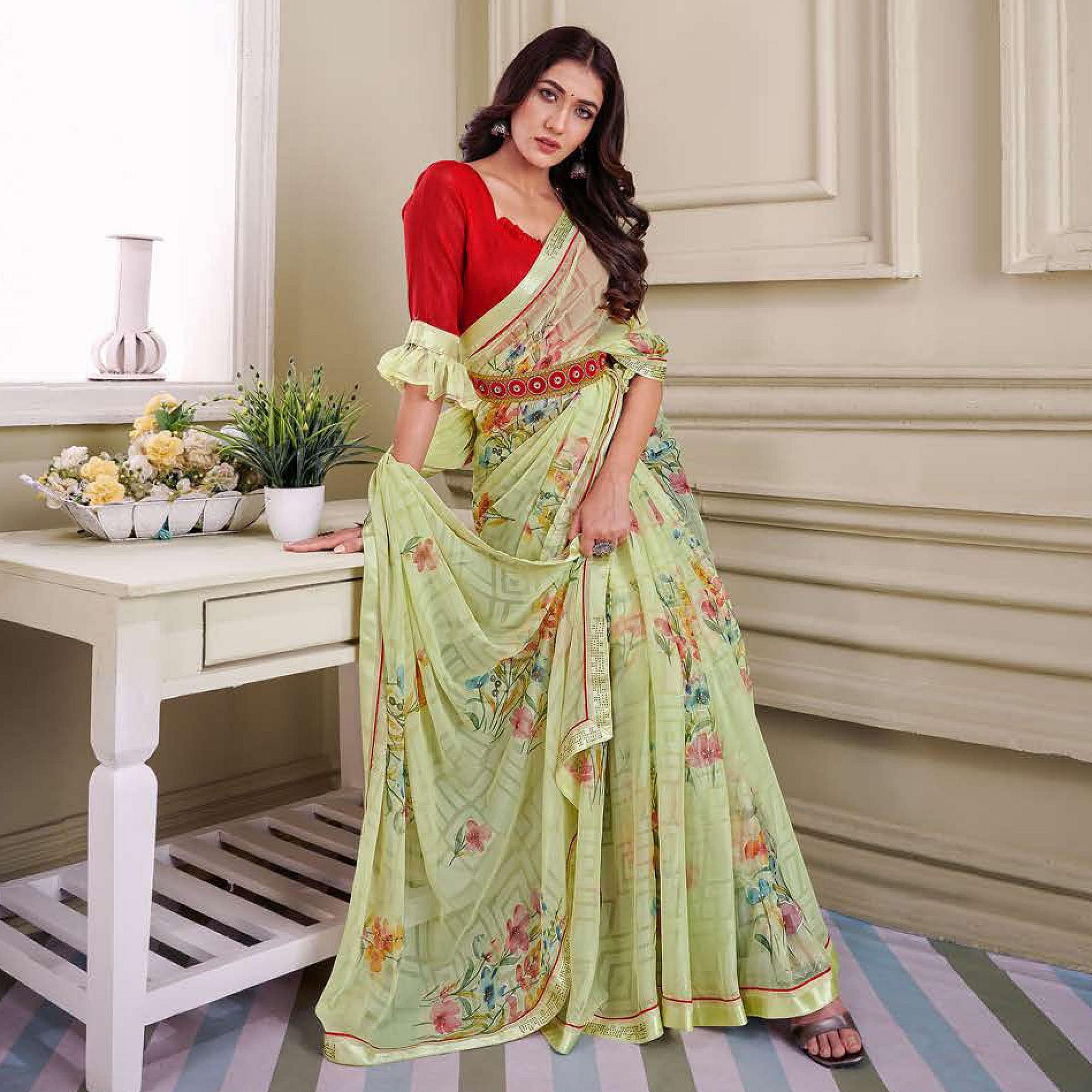 BlackTree green-floral-printed-brasso-saree-143725 - view 2