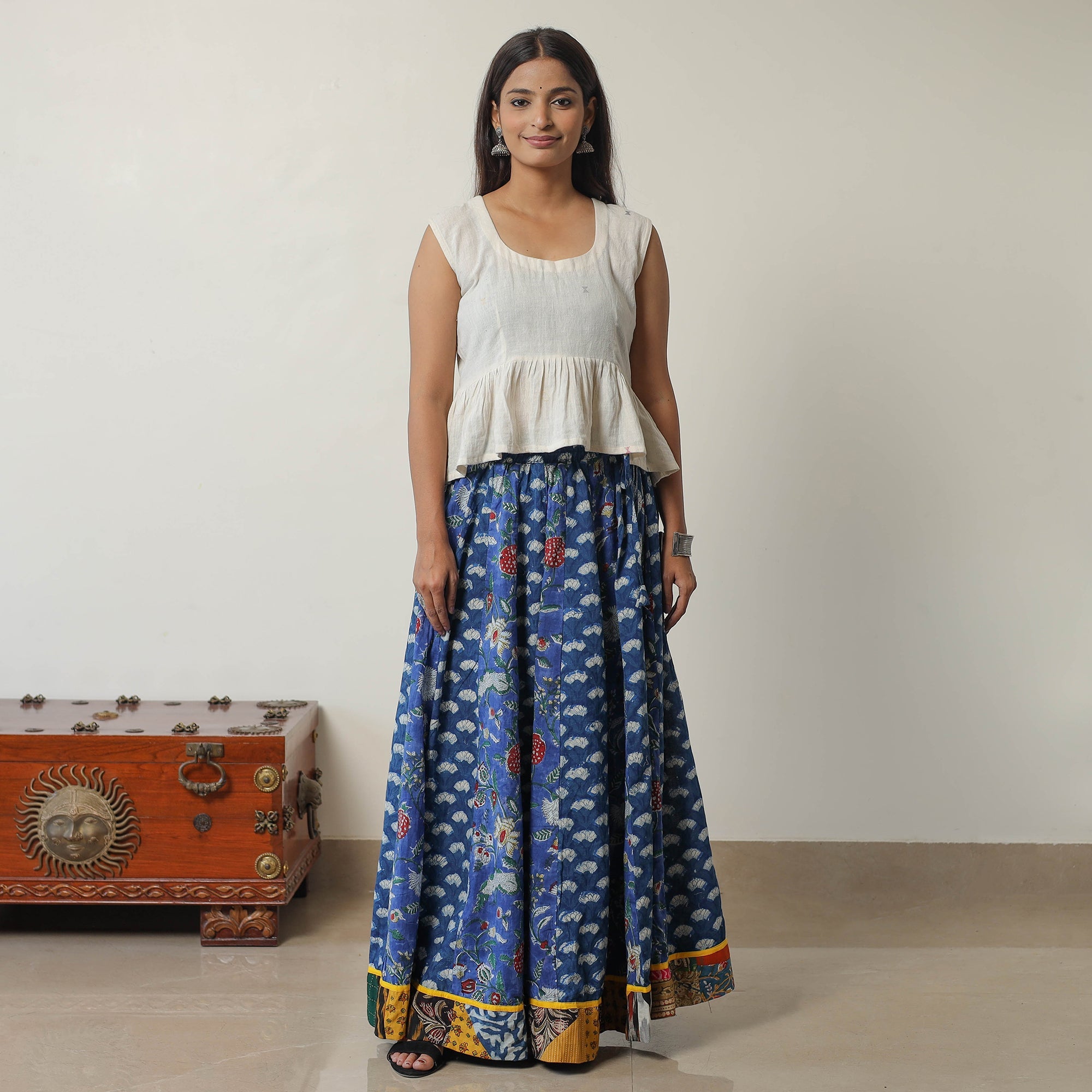 NOORI BAZAR Blue - Bagru Block Printed 24 Kali Patchwork Cotton Long Skirt 19