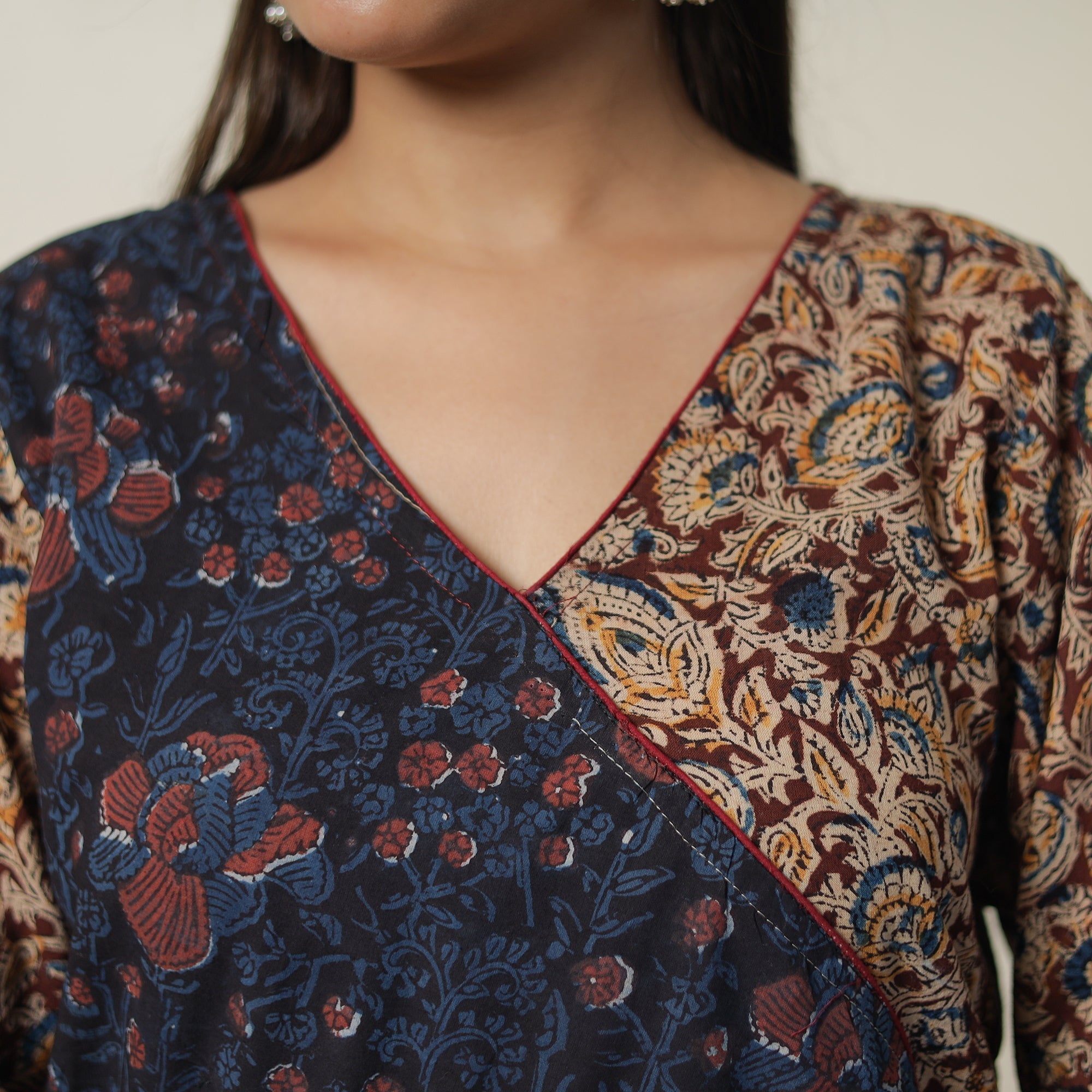 ITOKRI CASUALS Brown - Pedana Kalamkari Block Printed Cotton Straight Kurta with Ajrakh Patchwork 09 - view 5