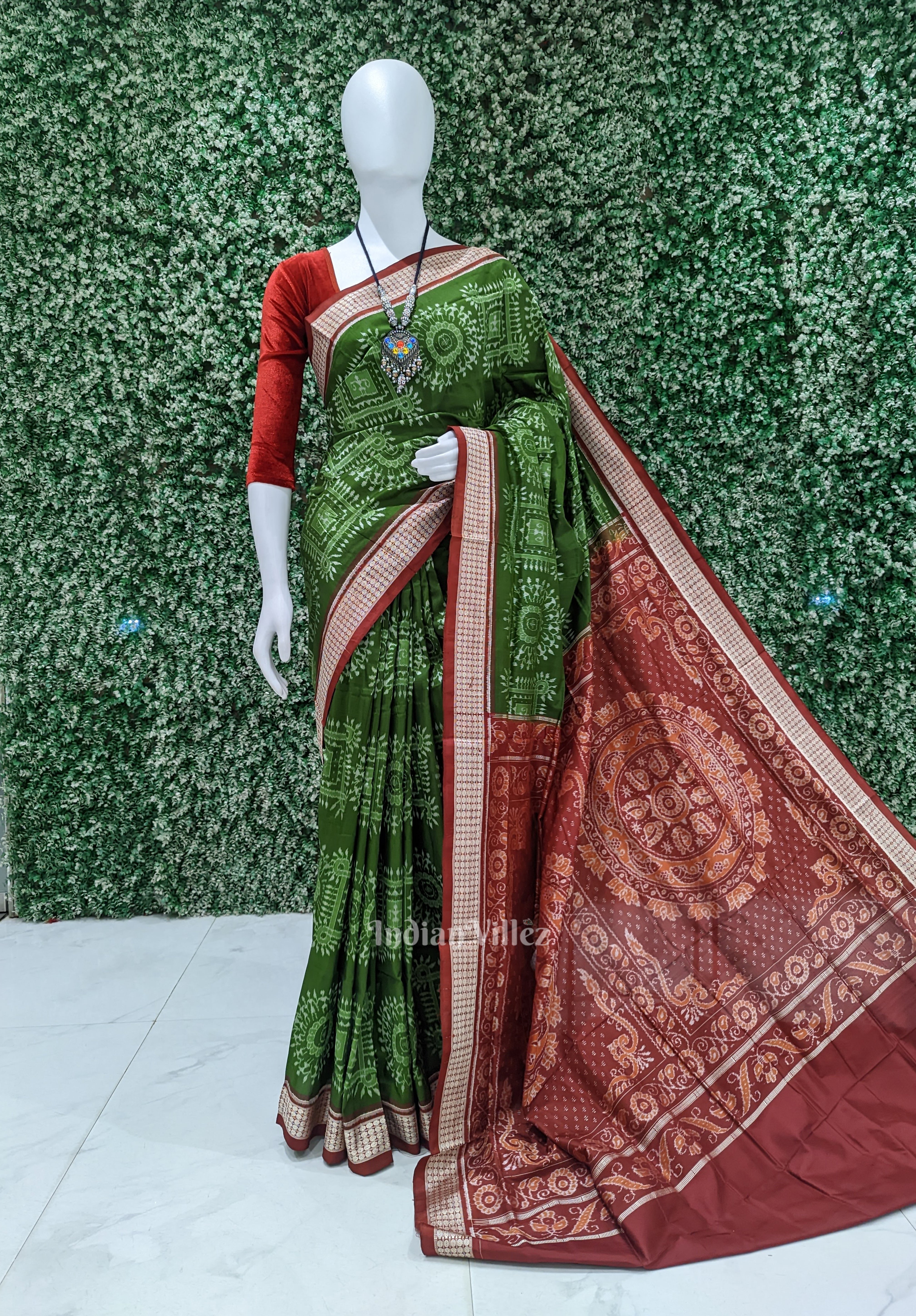 IndianVillèz Mehendi Green Tribal Theme Sambalpuri Silk Saree