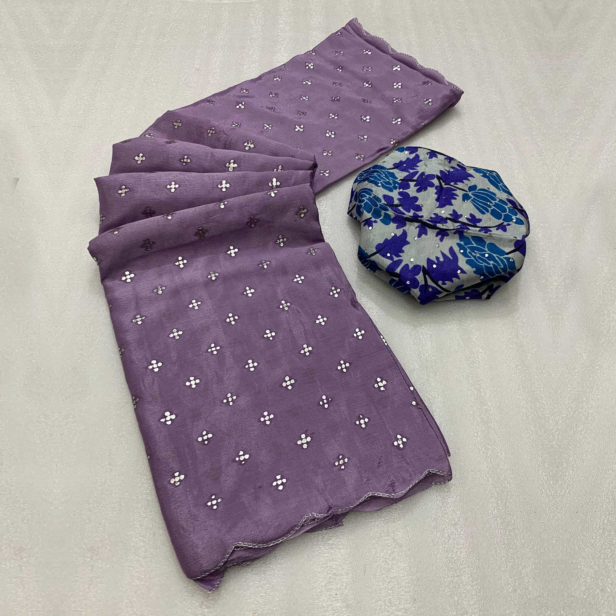 Peachmode Lavender Mukaish Work Chinon Sareee