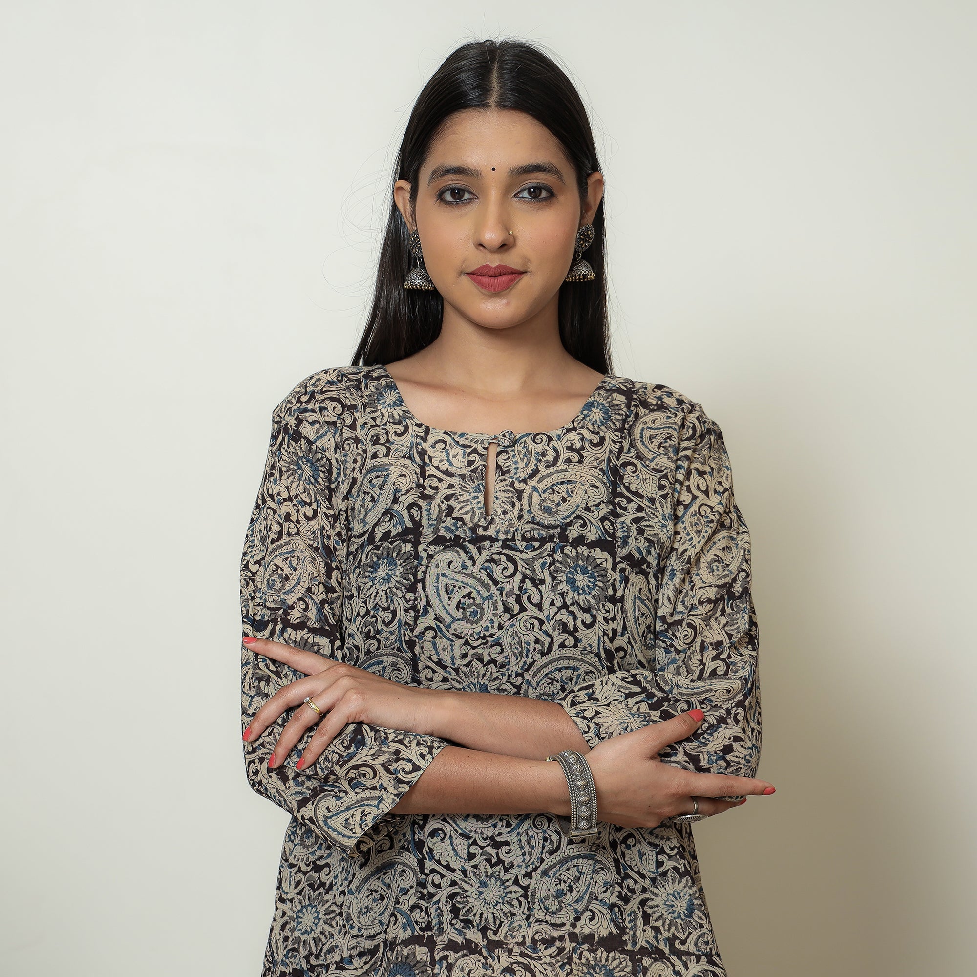 ITOKRI CASUALS Beige & Black - Kalamkari Hand Block Printed Mul Cotton Straight Kurta 09