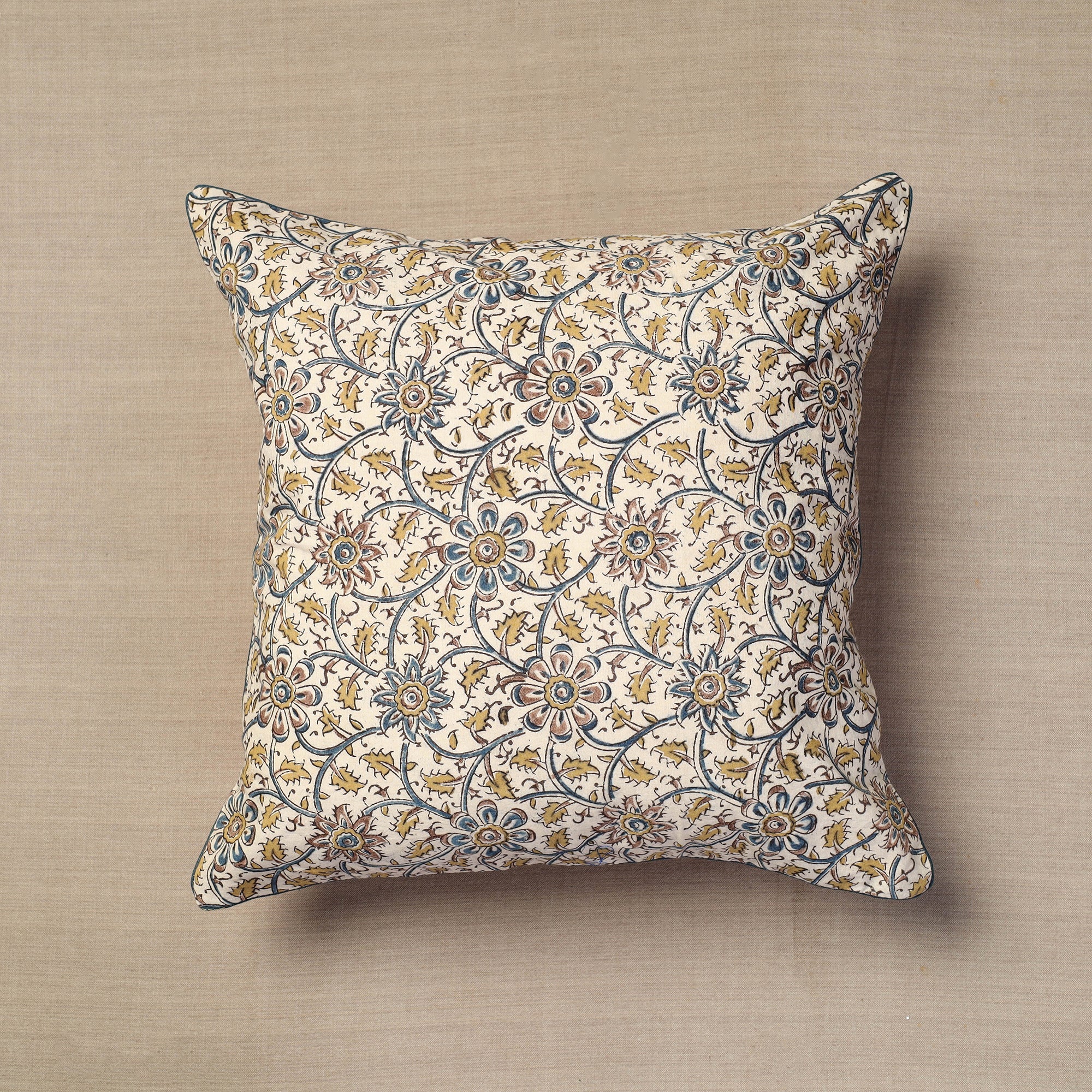 NOORI BAZAR Beige - Block Print Cotton Kalamkari Cushion Cover (16 x 16 in) 07