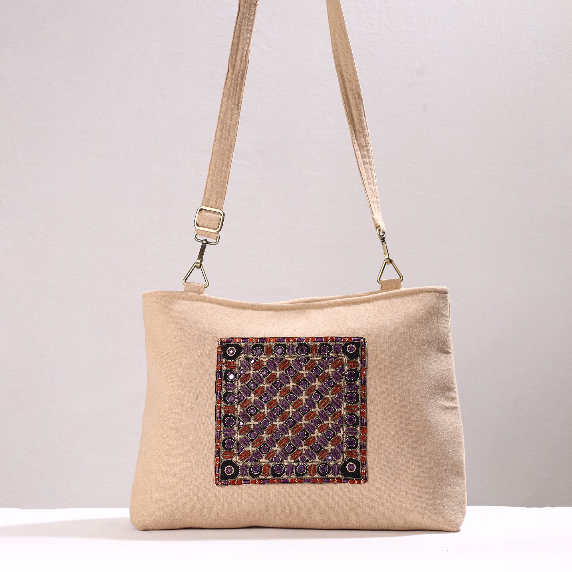 QASAB Beige - Kutch Abstract Hand Embroidery Cotton Sling Bag