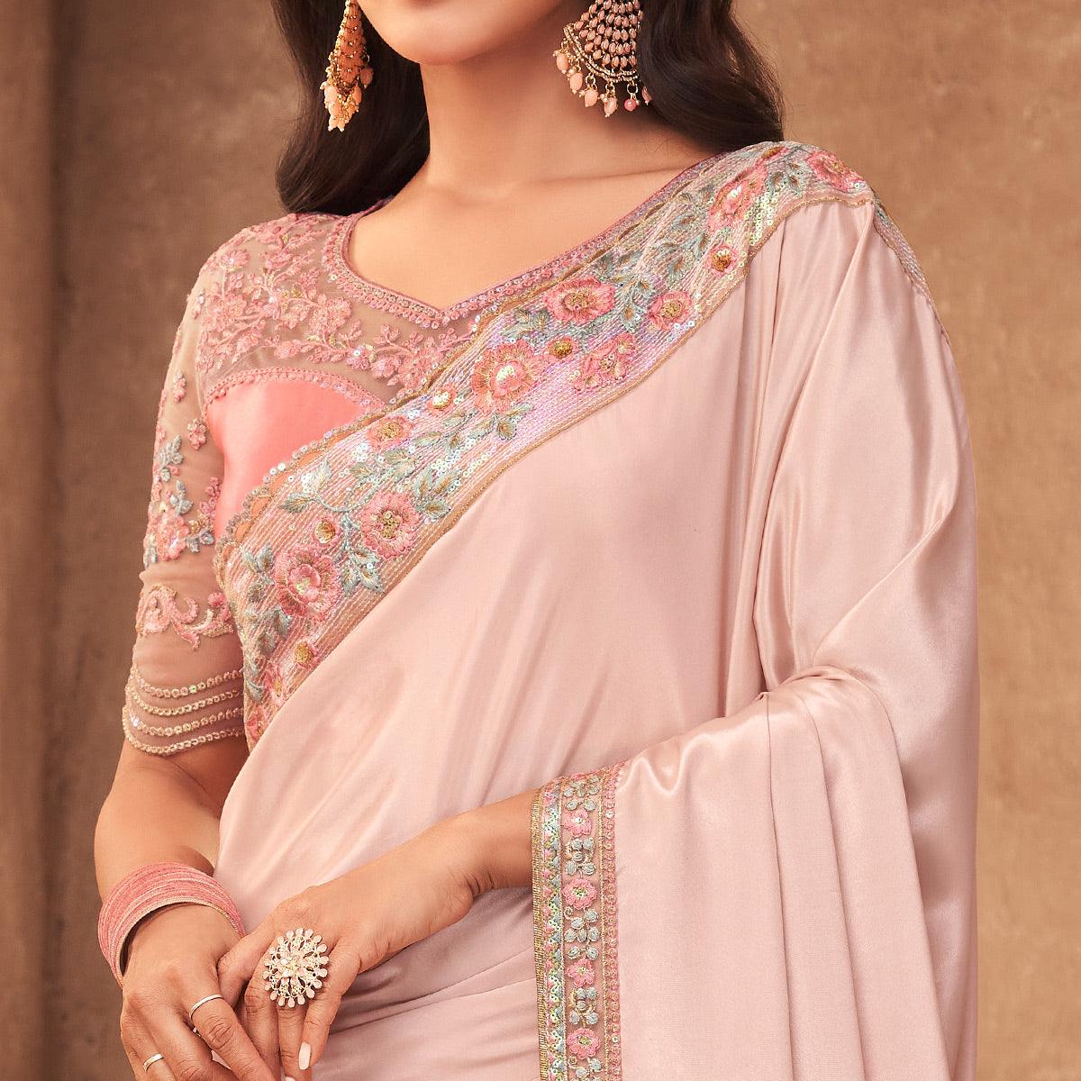 Peachmode Light Pink Partywear Embroidered Silk Saree - view 4