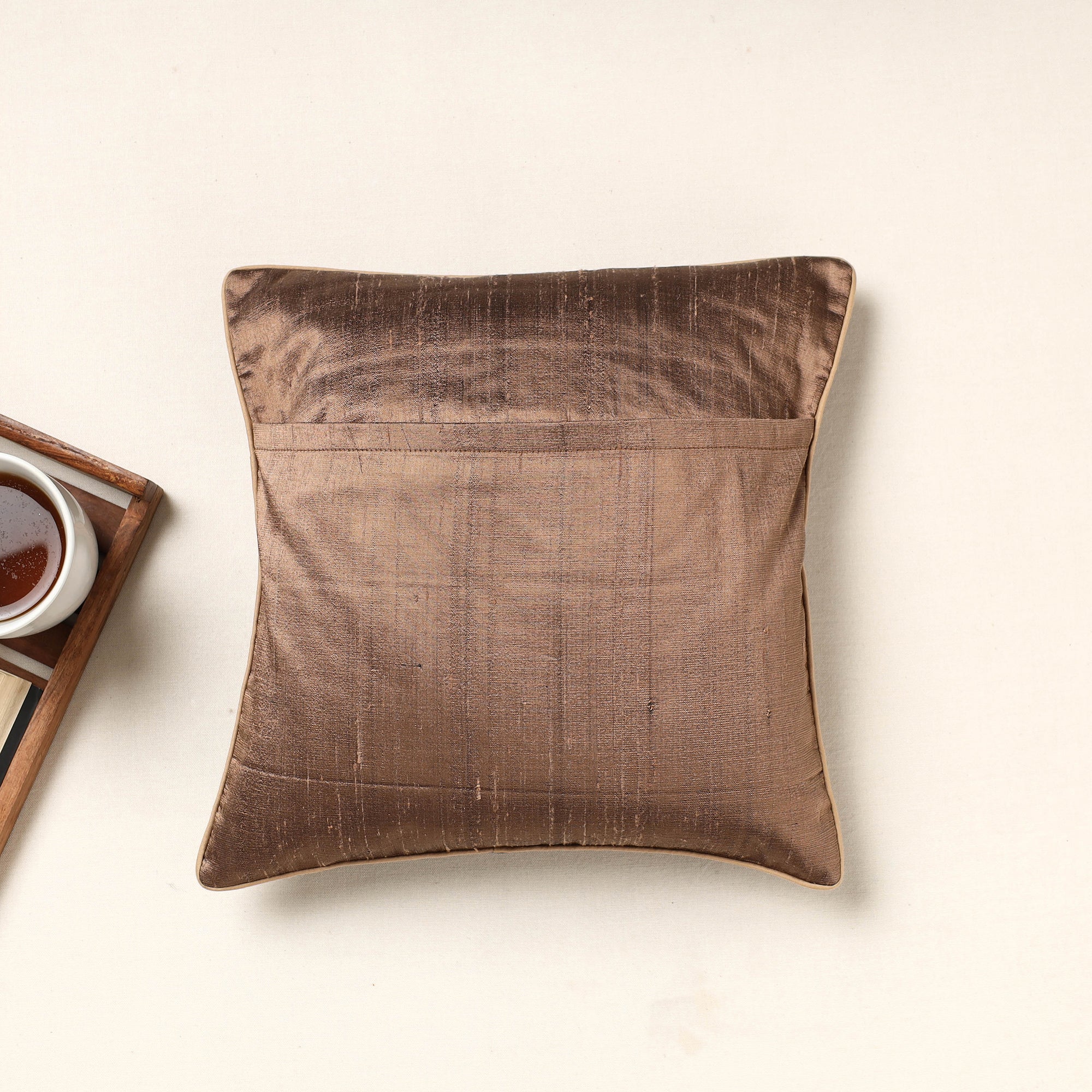 QASAB Brown - Kutch Pakko Hand Embroidery Silk Cushion Cover (16 x 16 in) - view 3