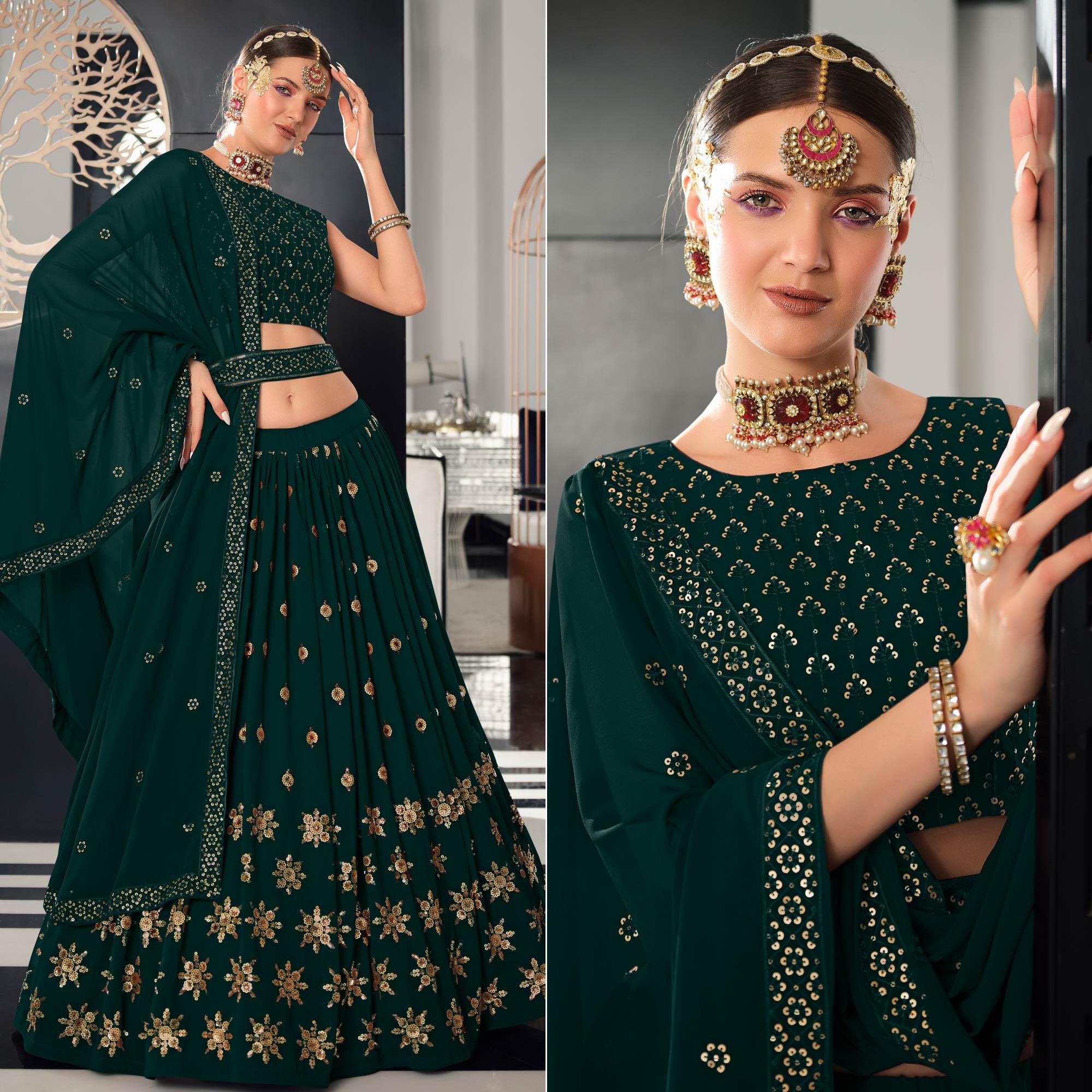 Peachmode Bottle Green Sequins Embroidered Georgette Lehenga Choli
