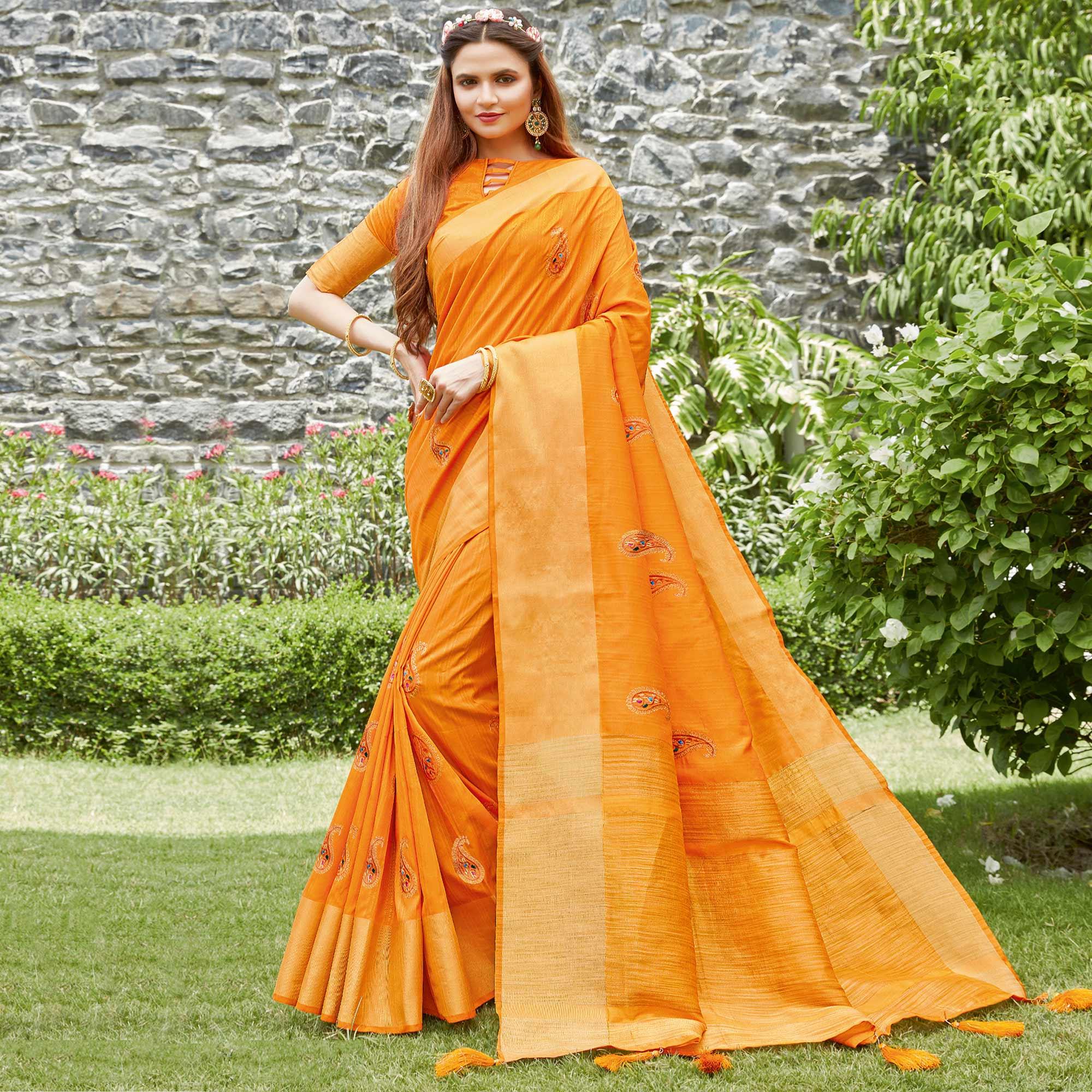 Peachmode Hypnotic Orange Colored Festive Wear Woven Handloom Silk Saree