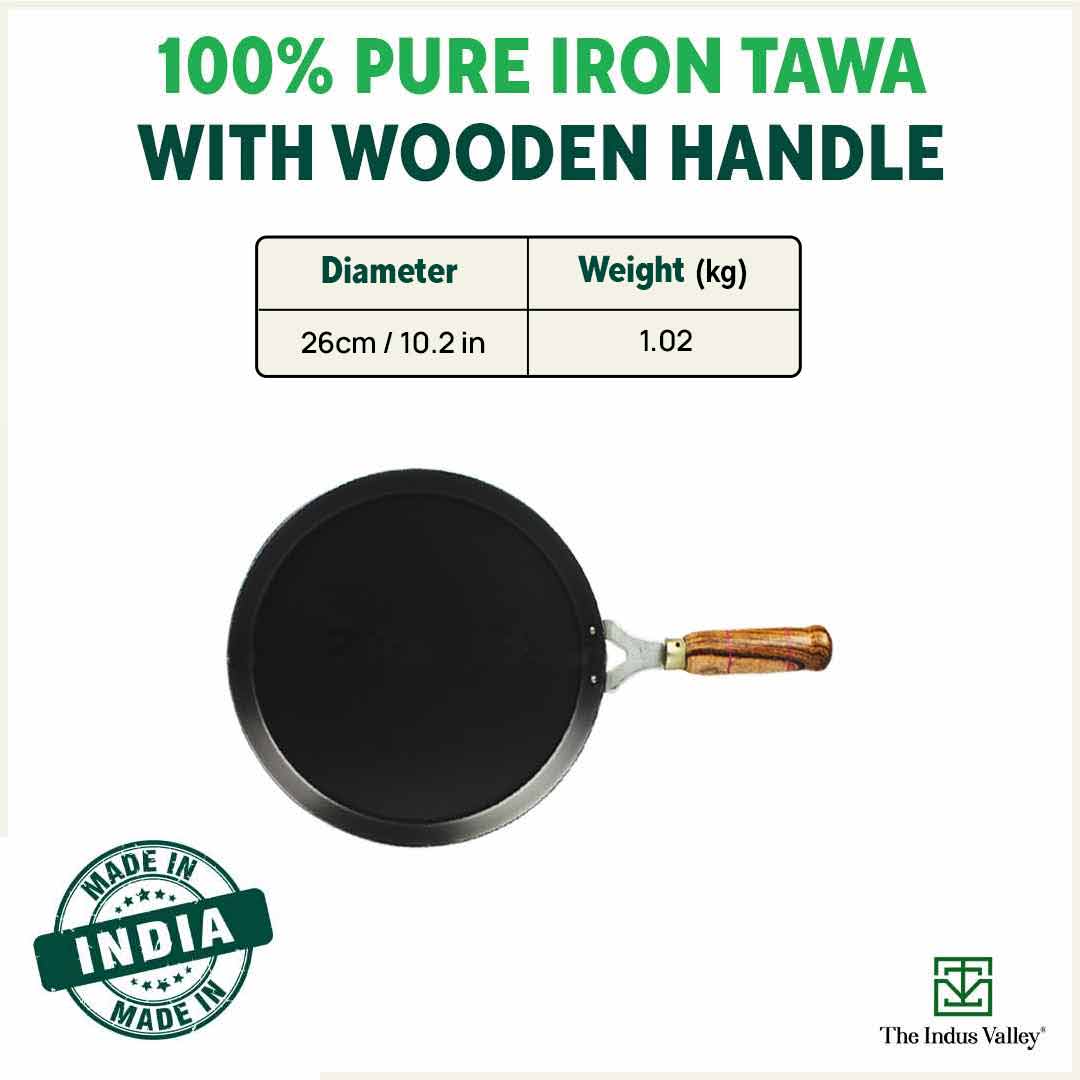 The Indus Valley 100% Pure Sheet Iron Tawa, Wooden Handle, Seasoned, Toxin-free, Induction, 26cm, 1kg - view 3