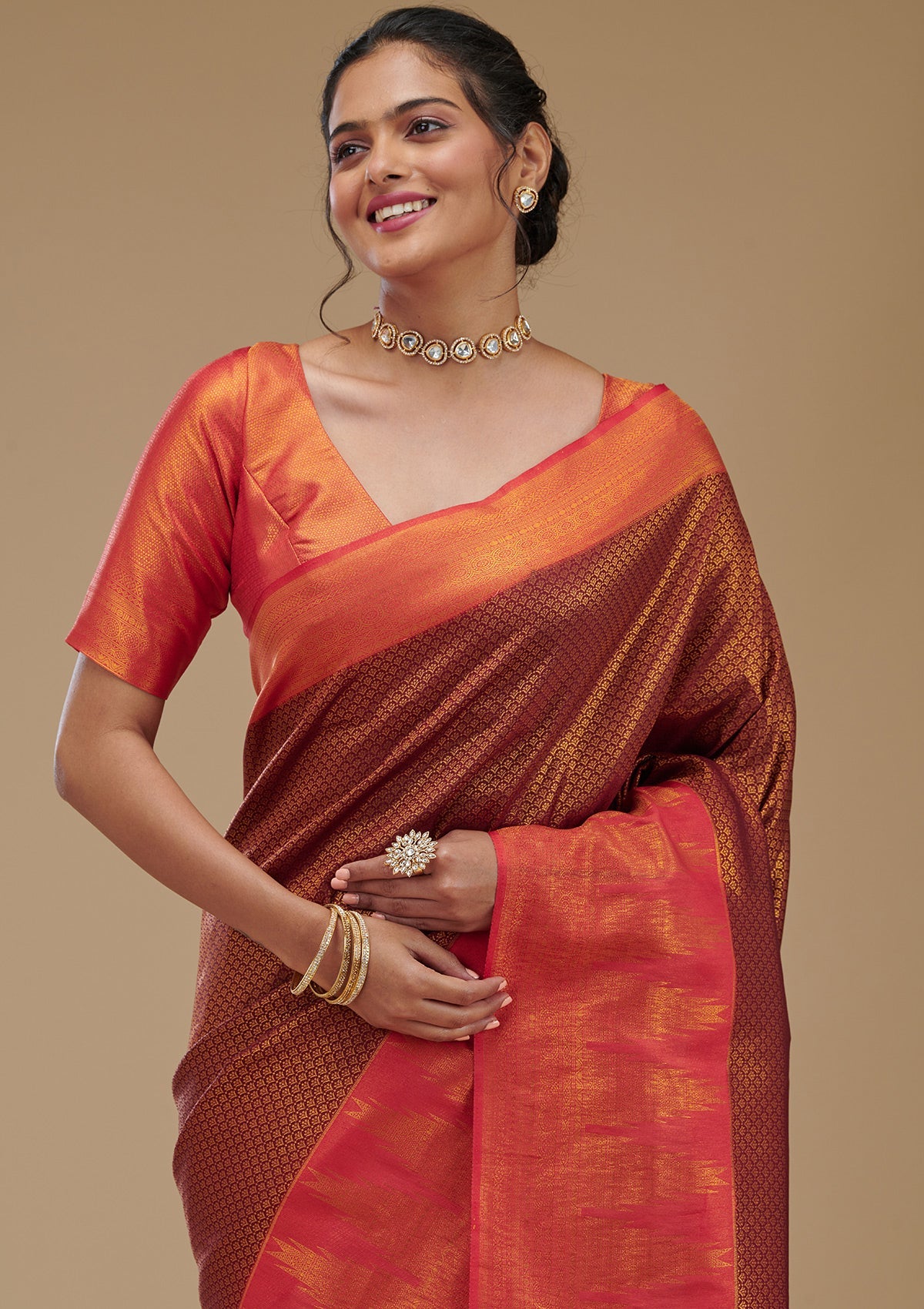 Koskii Wine Zariwork Art Silk Saree – Women's - view 6