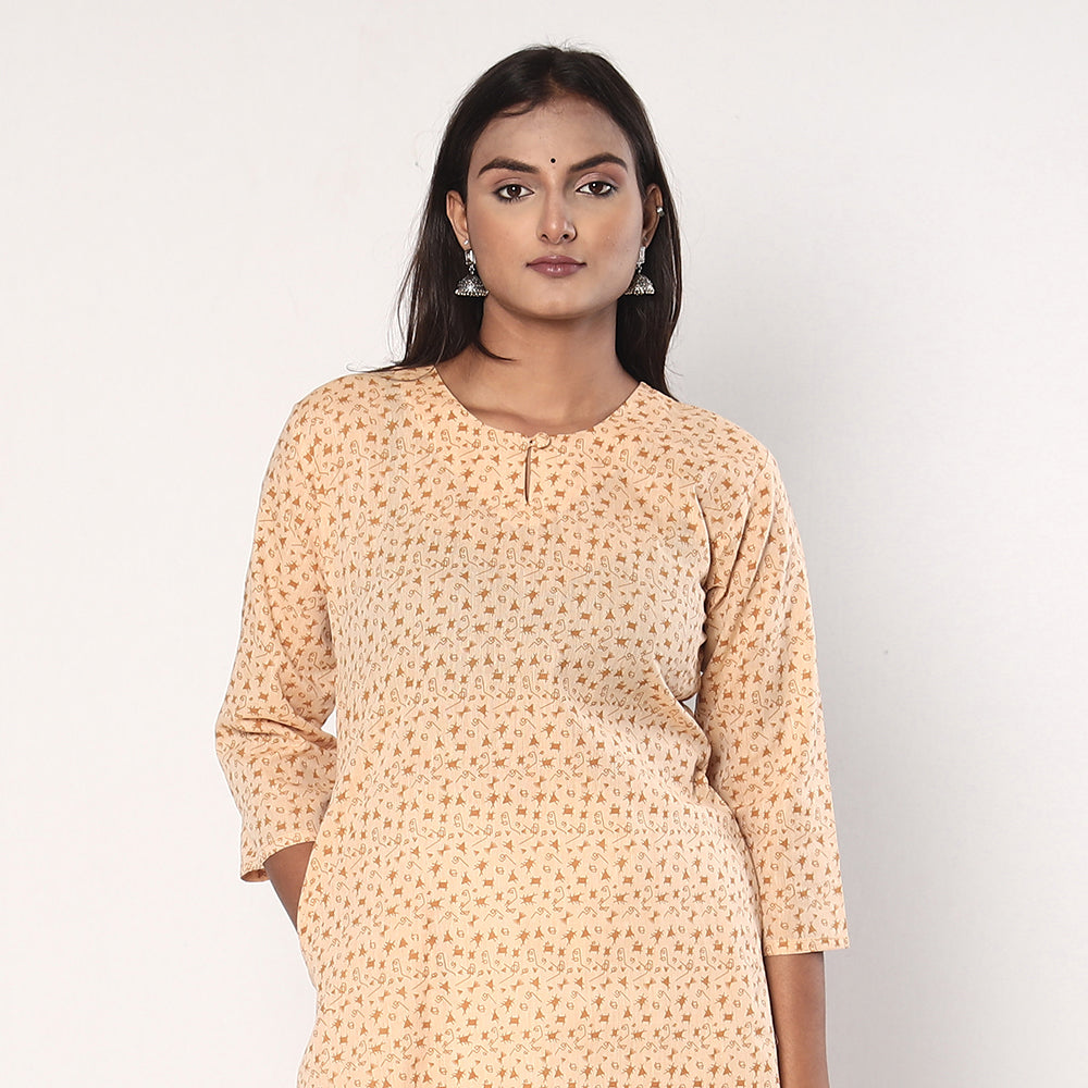 ITOKRI CASUALS Beige - Tribal Motifs Hand Printed Cotton Casual Long Kurta