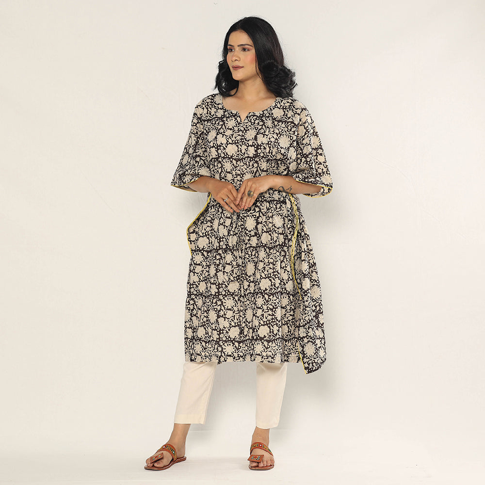 ITOKRI CASUALS Black - Bagru Dabu Block Printing Cotton Kaftan Dress (Medium)