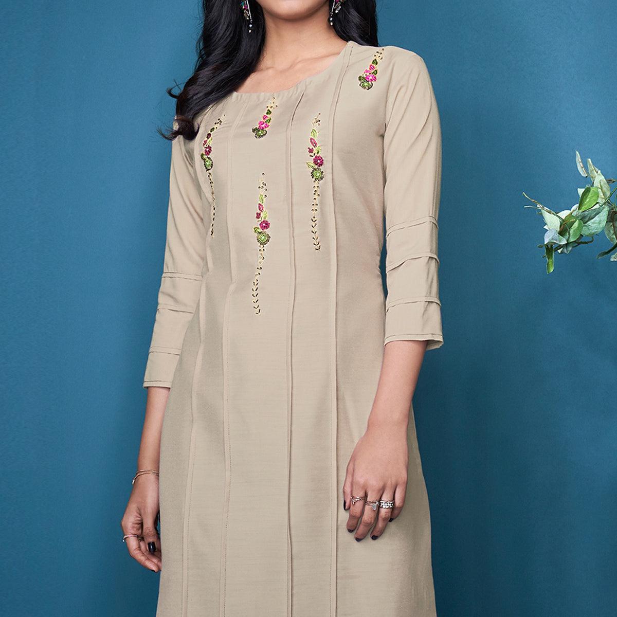 Peachmode Seller Cream Partywear Floral Embroidered Handwork Silk Kurti Palazzo Set - view 2