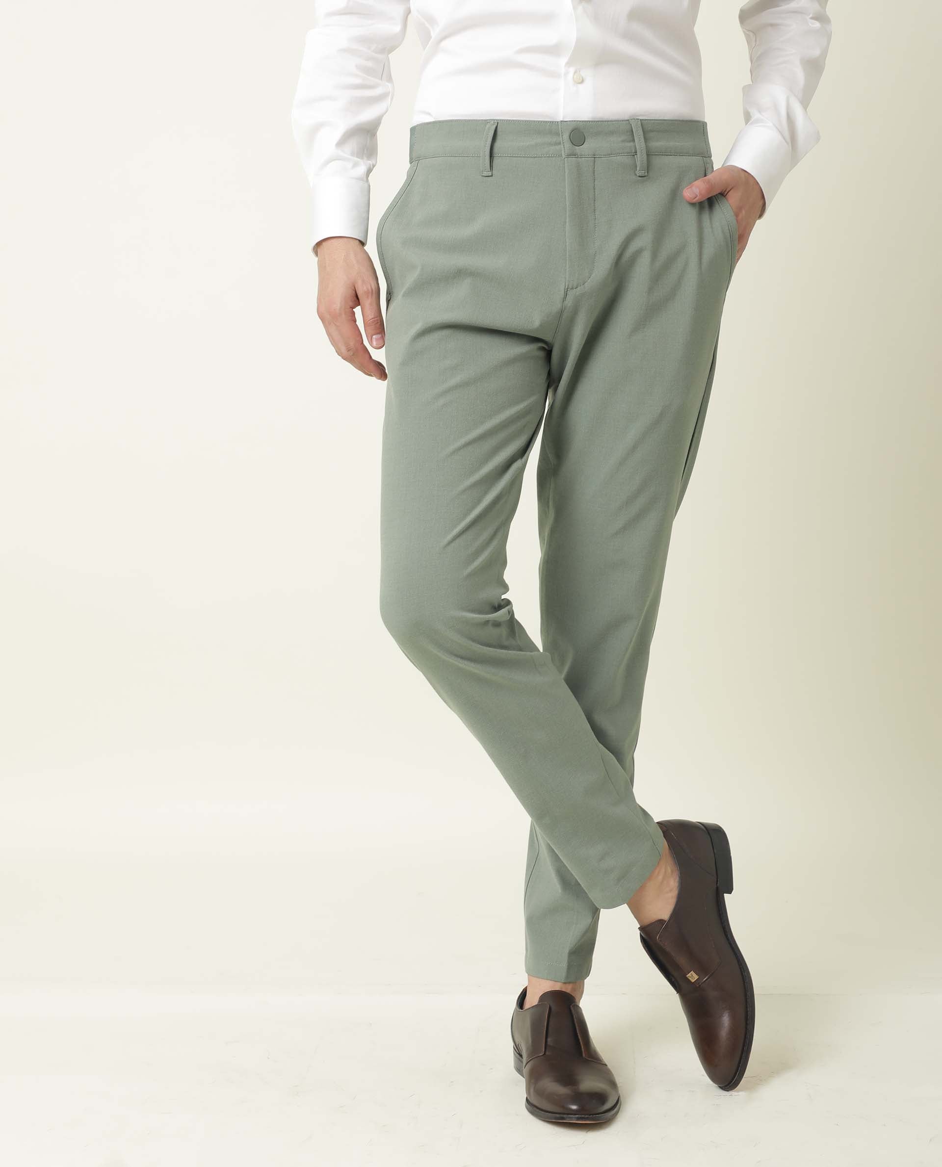 Rare Rabbit Men's Driver Green Polyester Viscose Fabric Button & Zip Closure Slim Fit Trouser