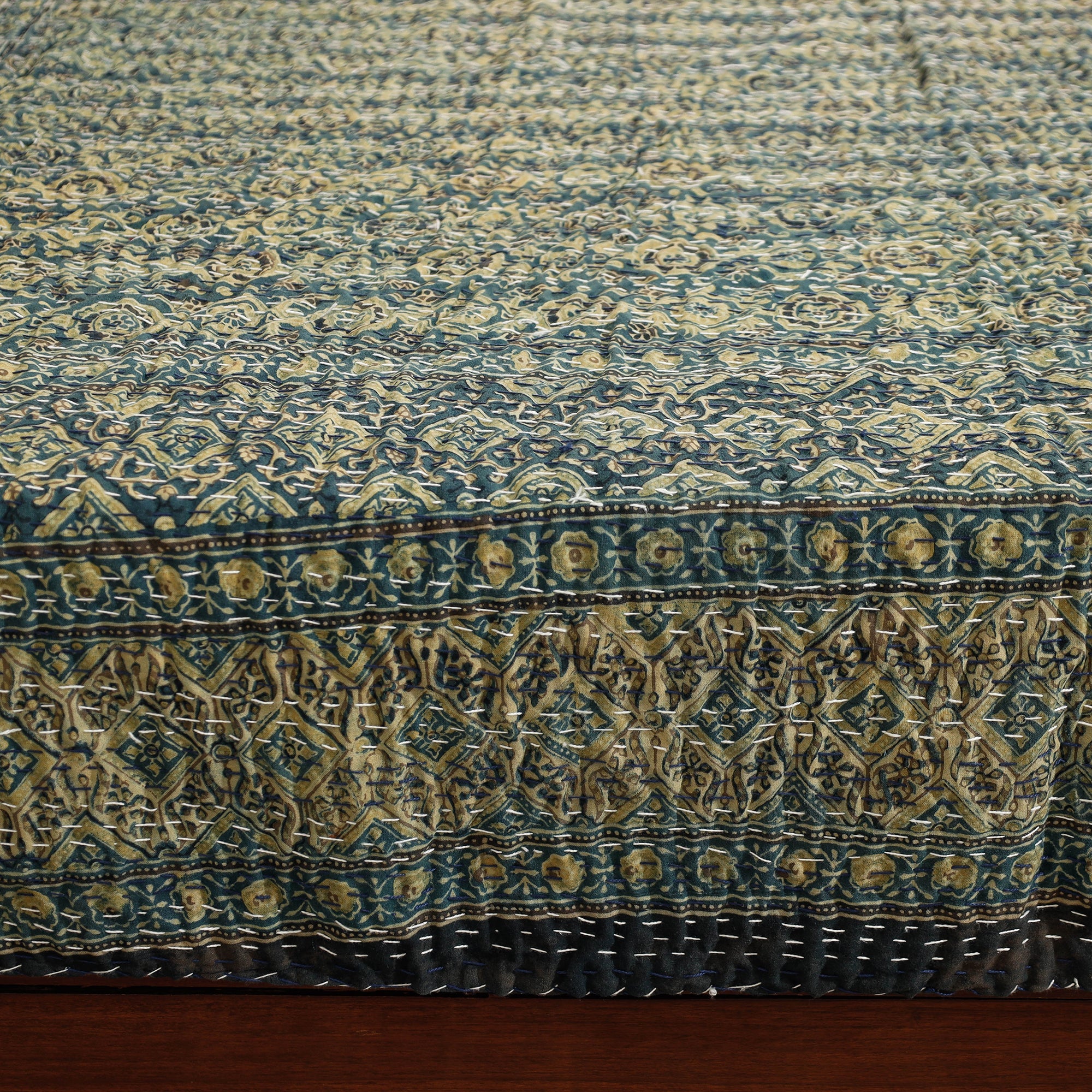 SHADES OF MARUDHARA Blue - Ajrakh Block Printed Kantha Work Cotton Double Bed Cover (105 x 90 in) - view 2
