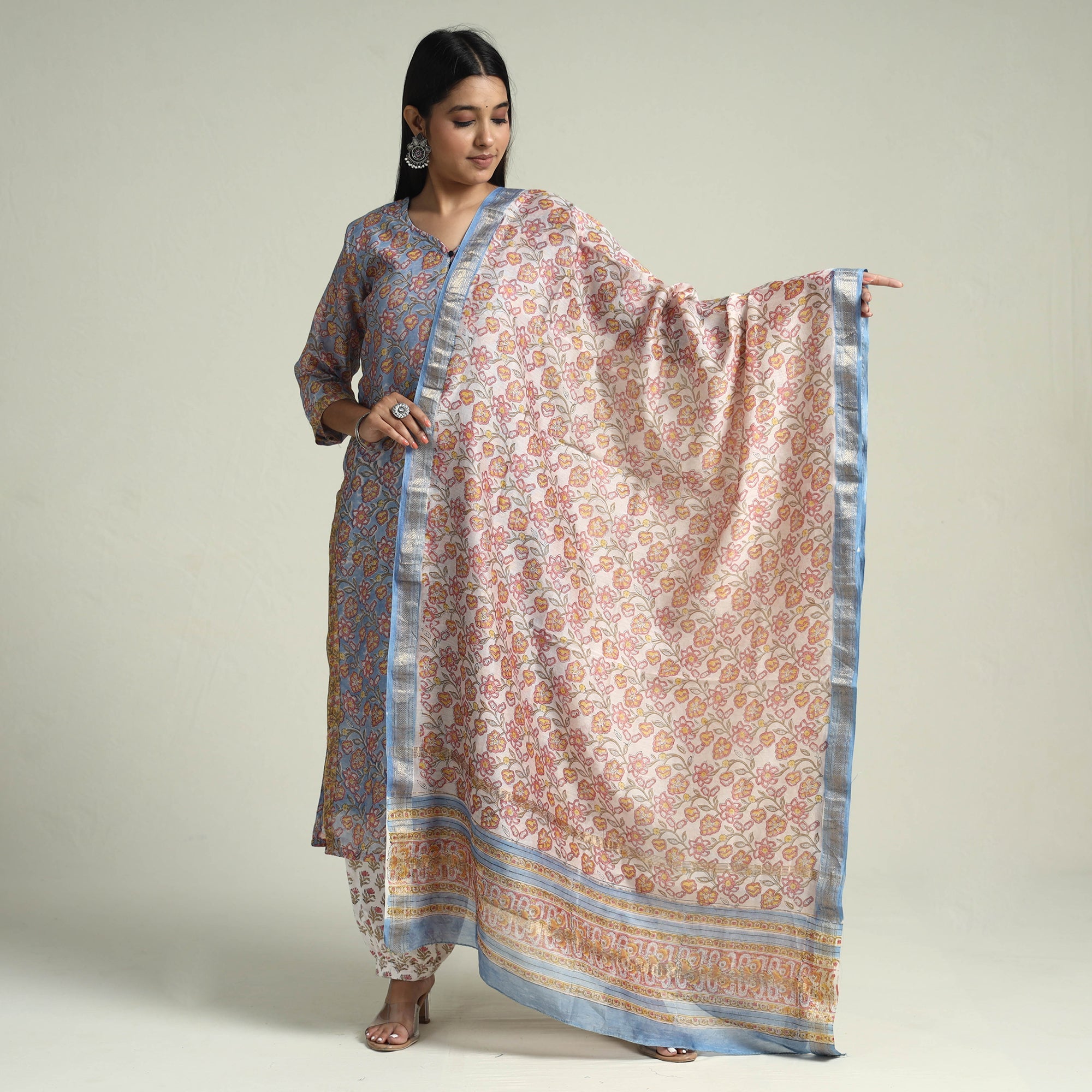 ITOKRI CASUALS Brown - Sanganeri Block Printed Maheshwari Silk Kurta with Palazzo & Dupatta Set - view 2