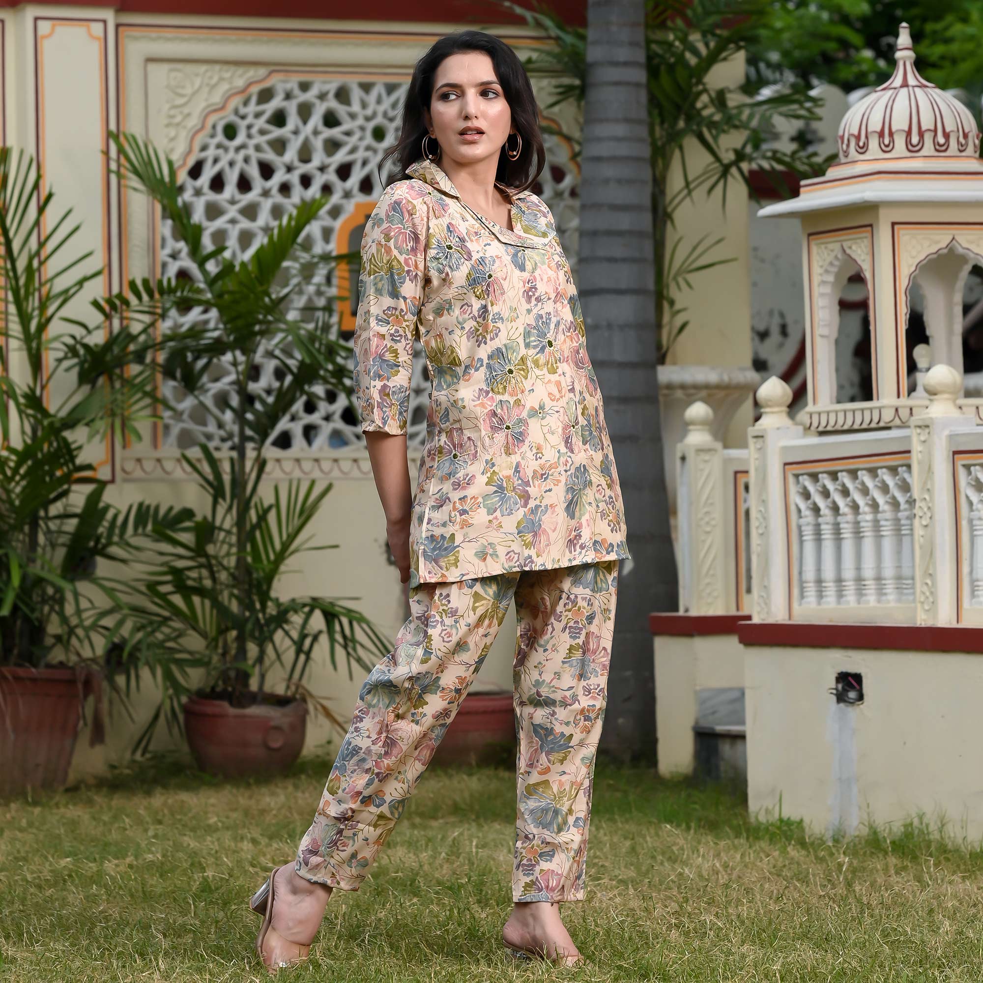 Peachmode Cream Floral Printed Muslin Co Ord Set - view 4