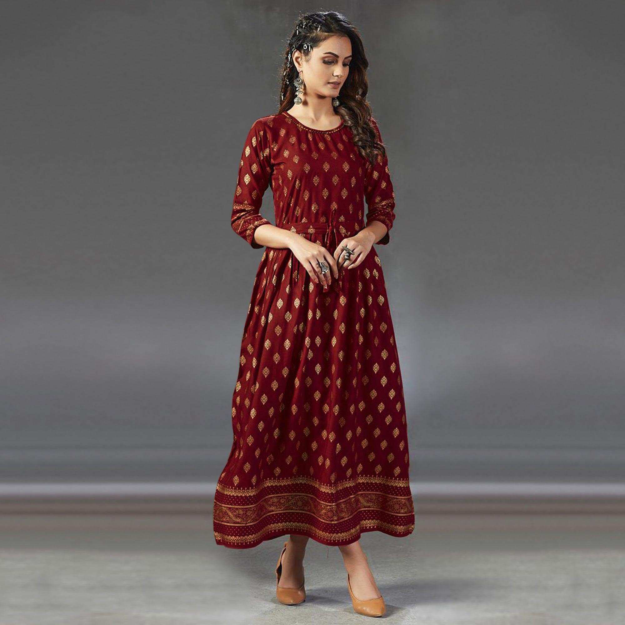 Peachmode Seller Lovely Red Colored Partywear Foil Printed Viscose Rayon Kurti