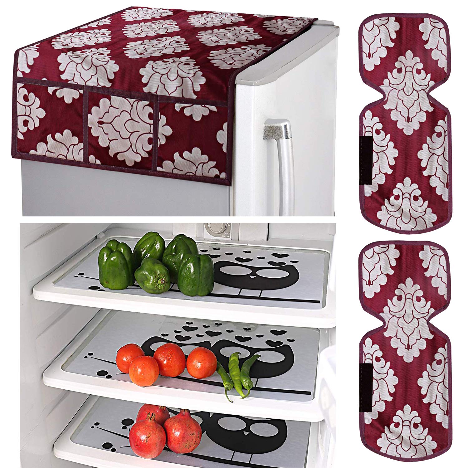 Kuber Industries Flower Design Combo PVC 3 Pieces Fridge Mats, 2 Piece Handle Cover and 1 Piece Fridge Top Cover(Maroon)