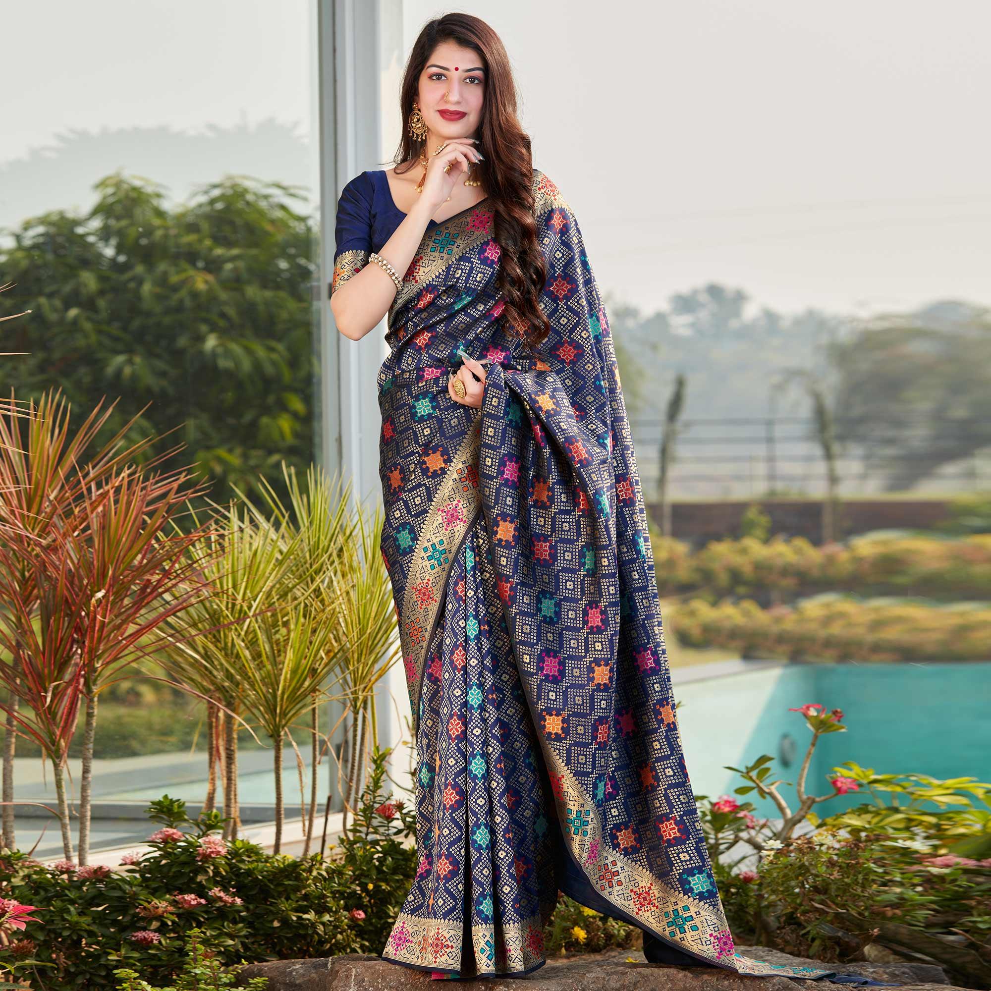 Peachmode Jazzy Navy Blue Colored Festive Wear Woven Silk Saree