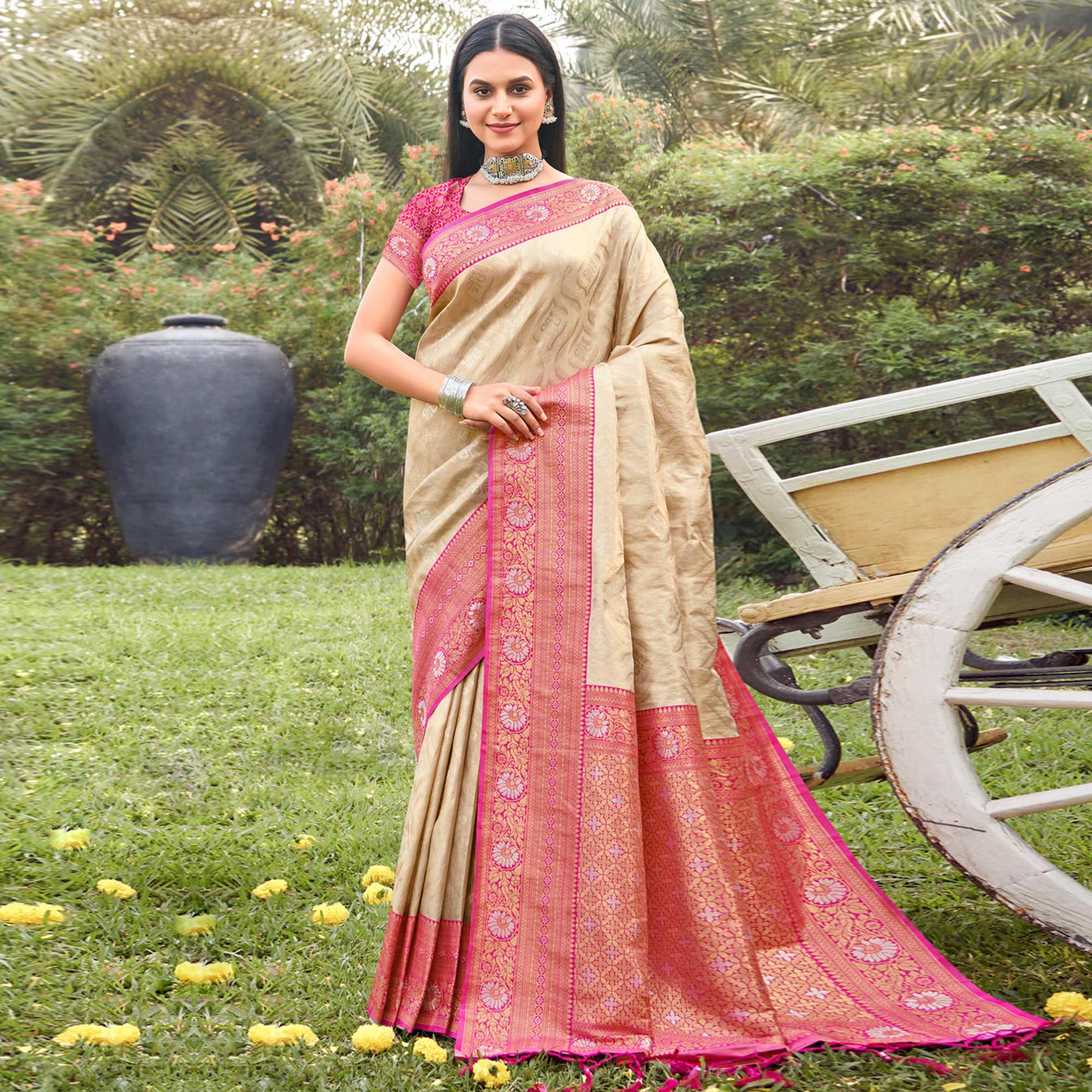 Peachmode Cream Woven Banarasi Silk Saree With Tassels