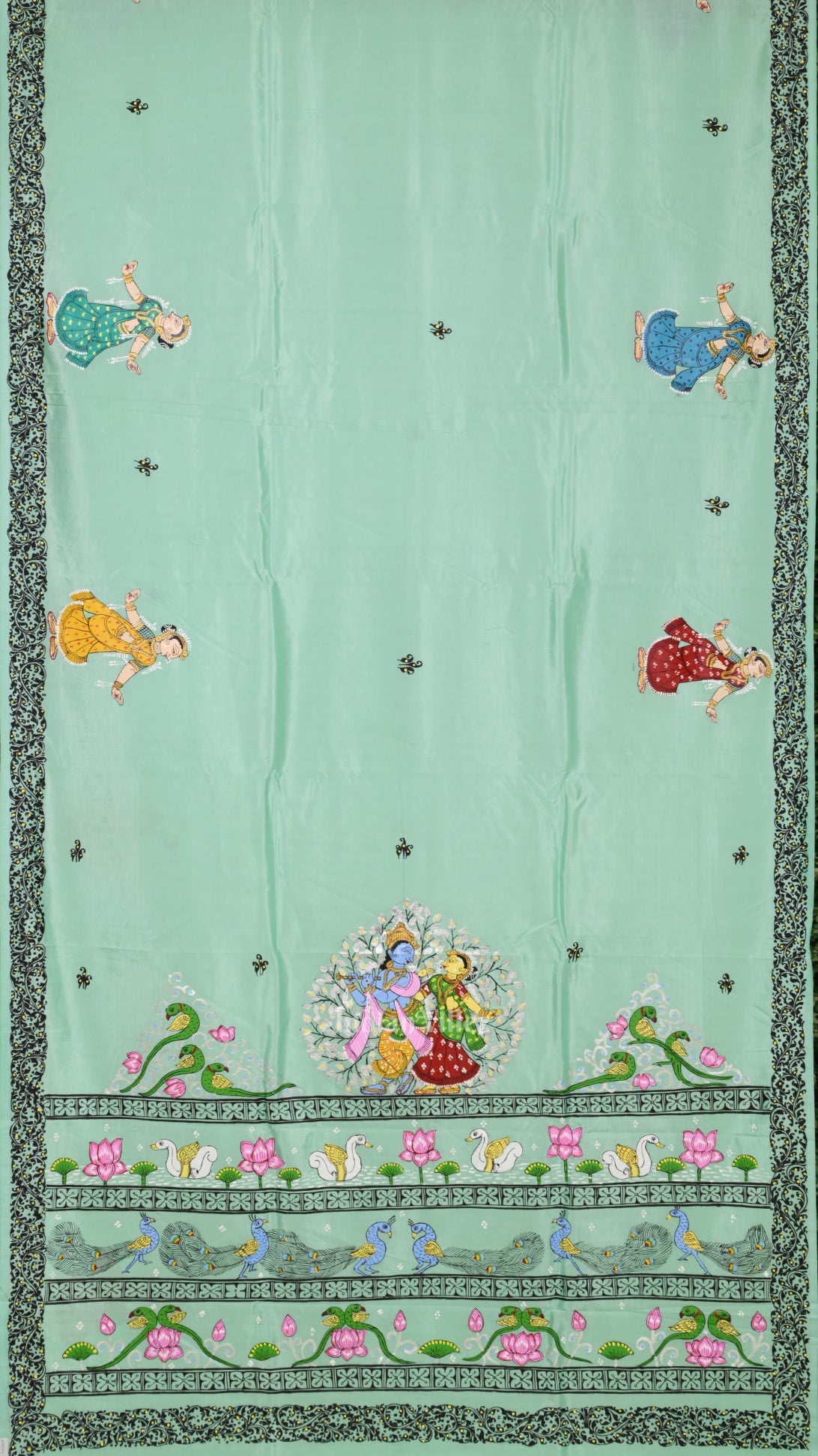 IndianVillèz Light Blue Radha Krishna Theme Hand-Painted Pattachitra Saree