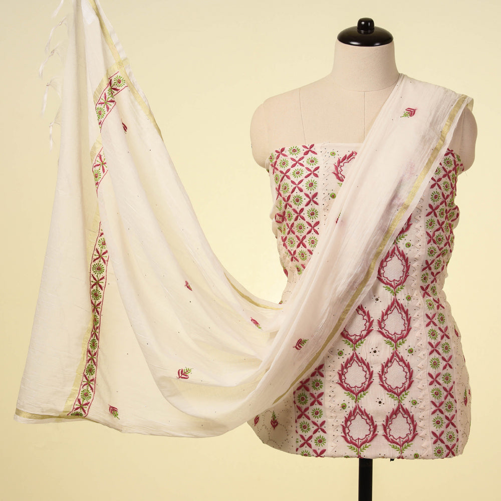 ITOKRI CRAFTS INITIATIVE Beige - 2pc Chikankari Hand Embroidered Chanderi Silk Handloom Suit Material Set