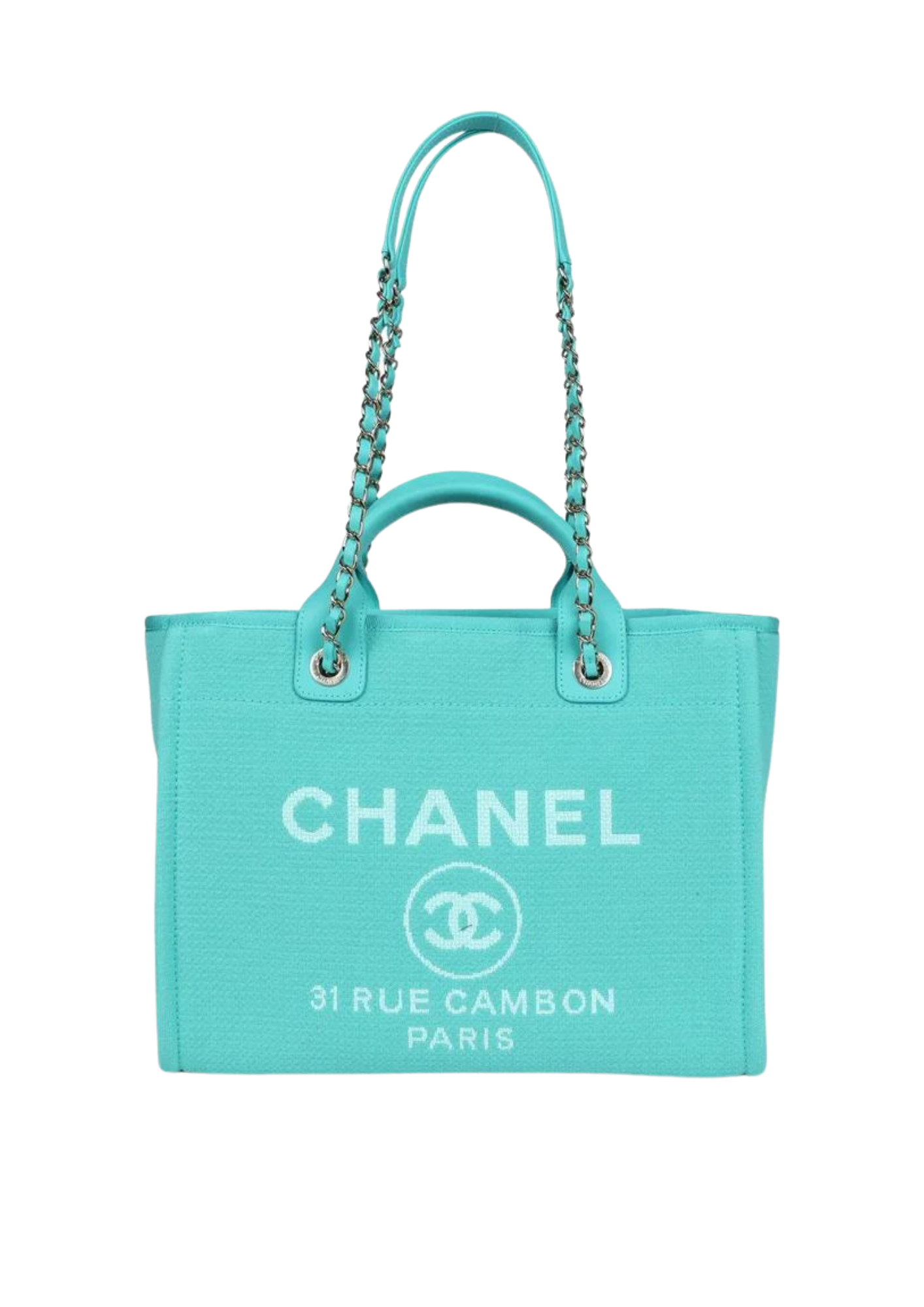 Cop Underdog Chanel Small Deauville Shopping Bag Turquoise Canvas Light Gold Hardware