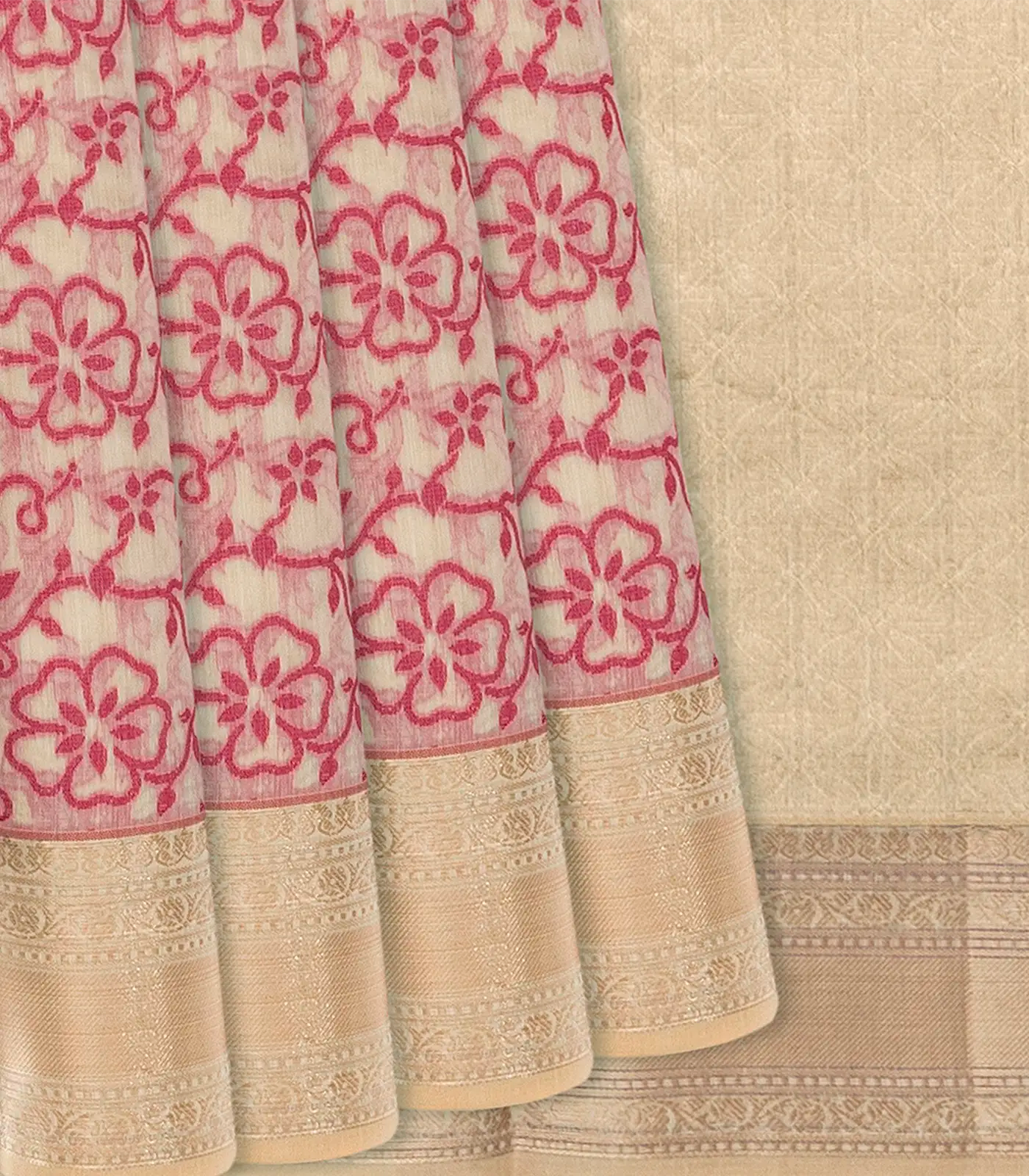 RmKV Beige Woven Chanderi Cotton Saree With Peach Floral Vine Motifs-Beige