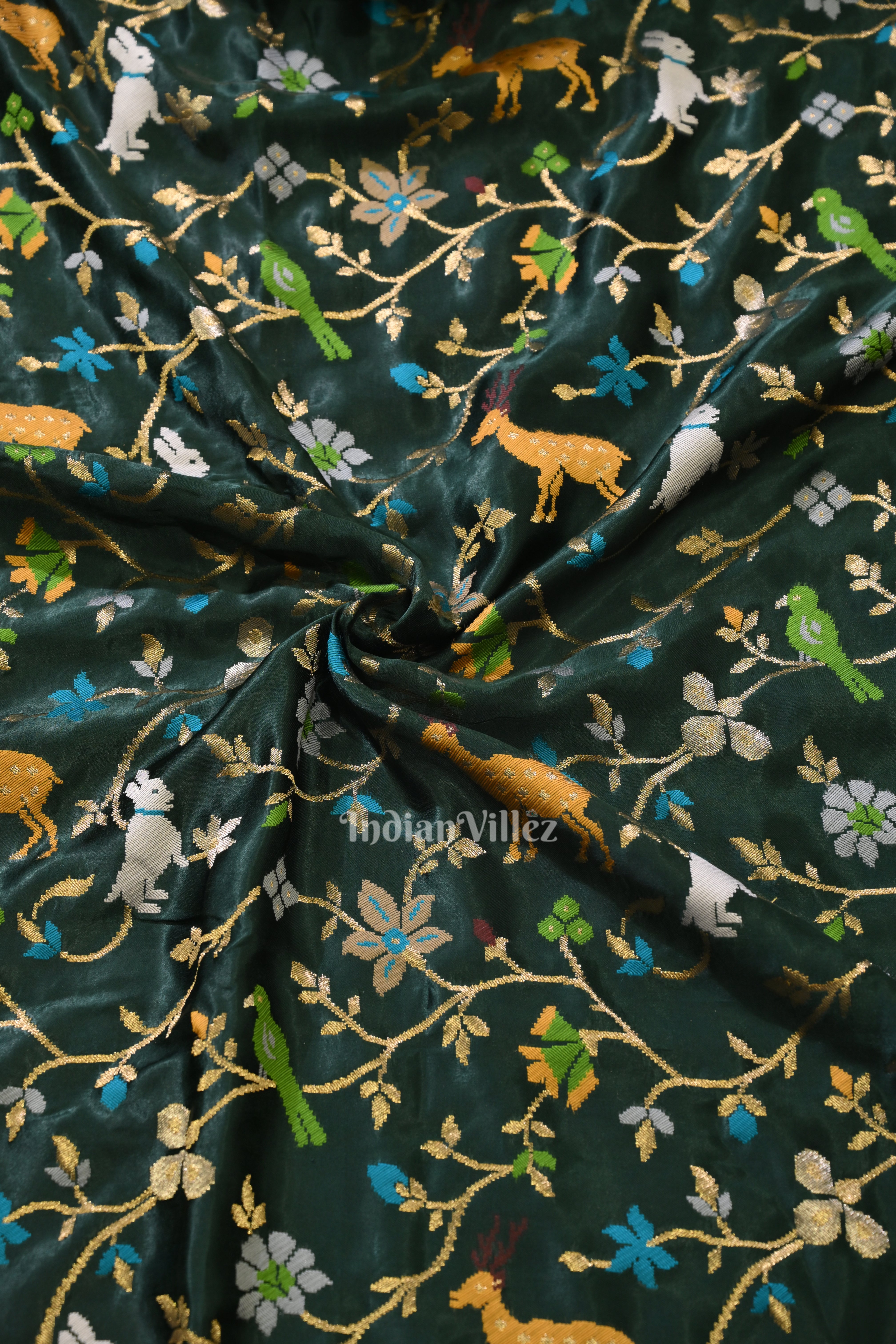IndianVillèz Dark Green Vintage Shikargah Theme Tussar Khaddi Georget Banarasi Saree - view 2