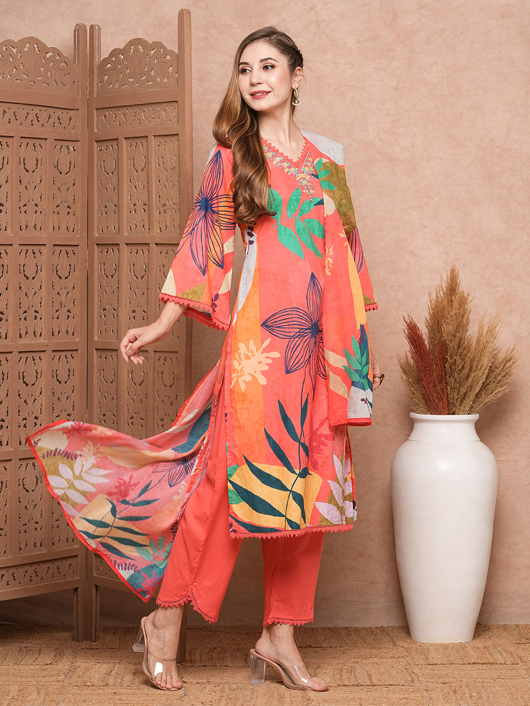 Fashor Abstract Floral Printed & Embroidered Kurta with Pant & Dupatta - Pink - view 5