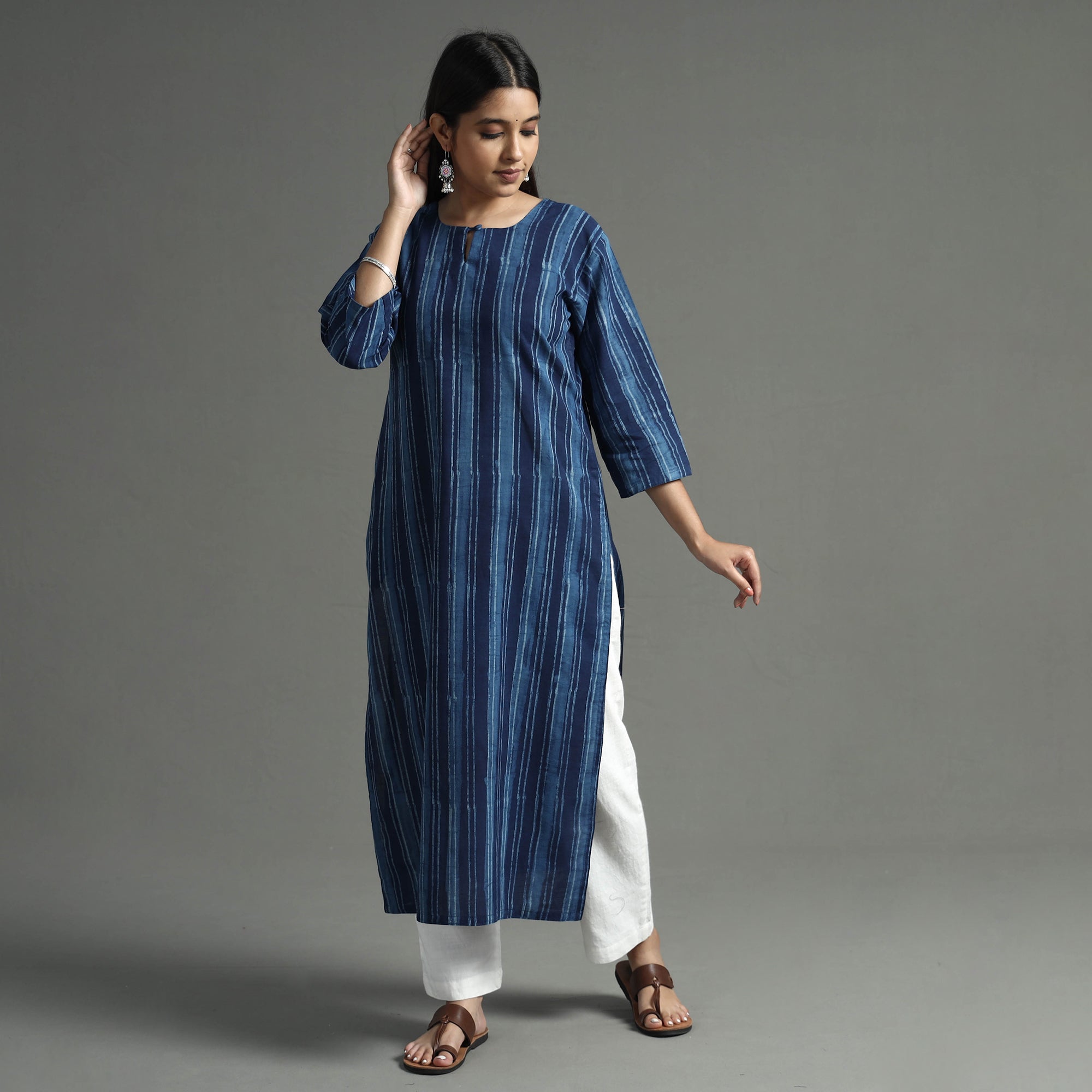 ITOKRI CASUALS Blue - Akola Block Printed Cotton Long Straight Kurta - view 3