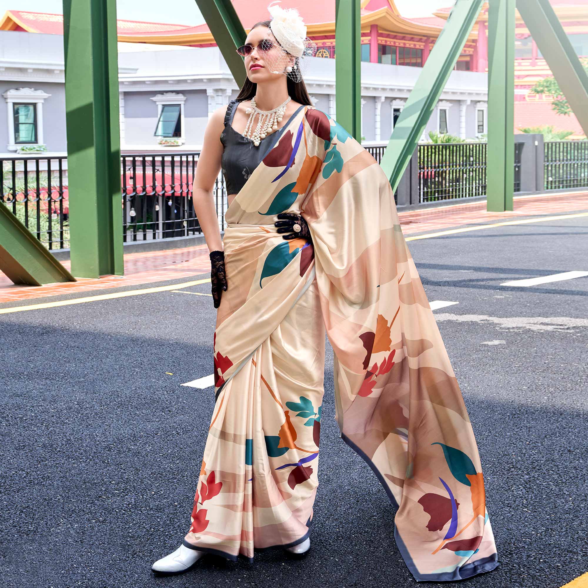 Peachmode Cream Floral Digital Printed Pure Satin Saree - view 2