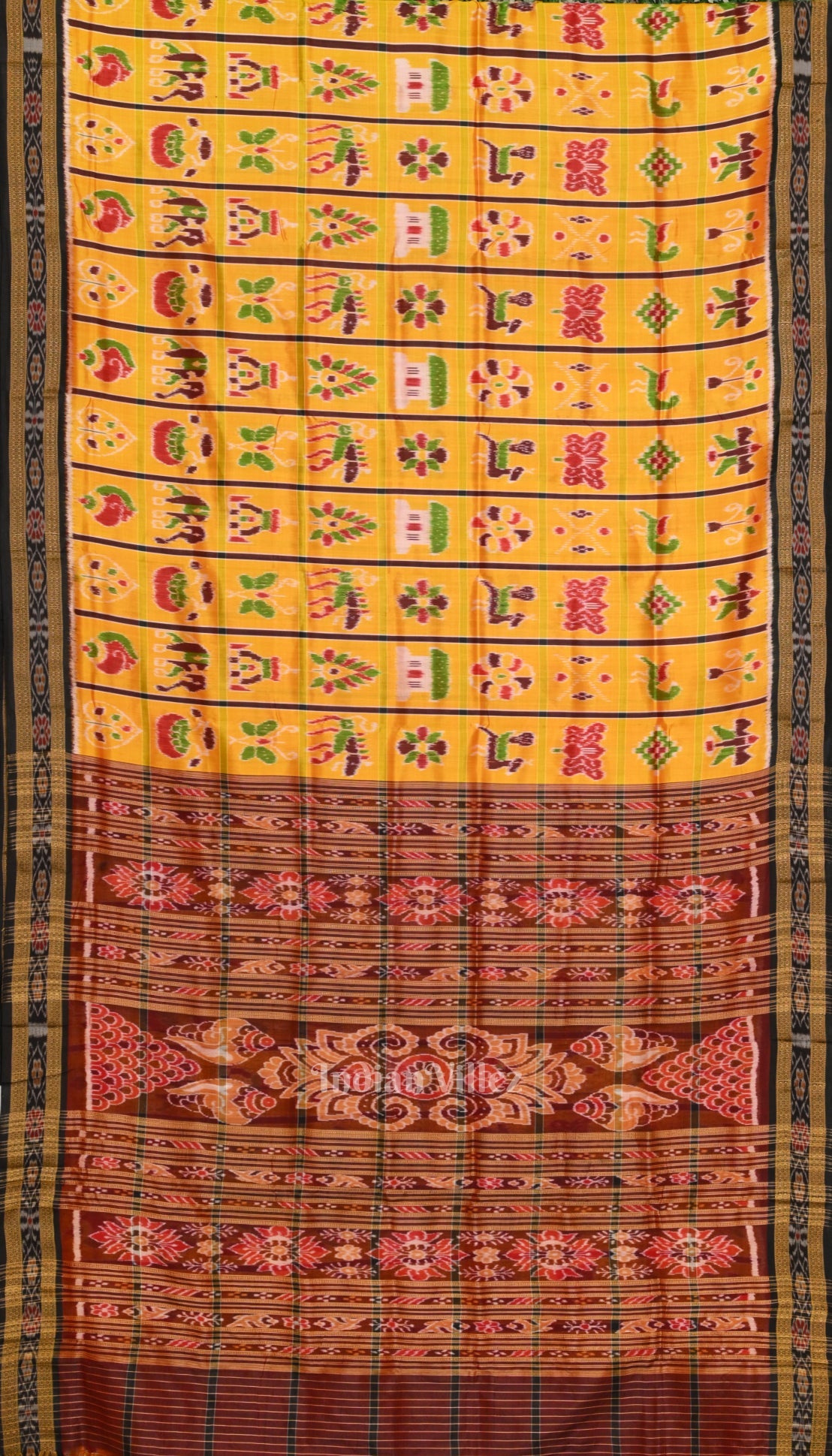 IndianVillèz Yellow Maroon Odisha Ikat Designer Nabakothi Silk Saree