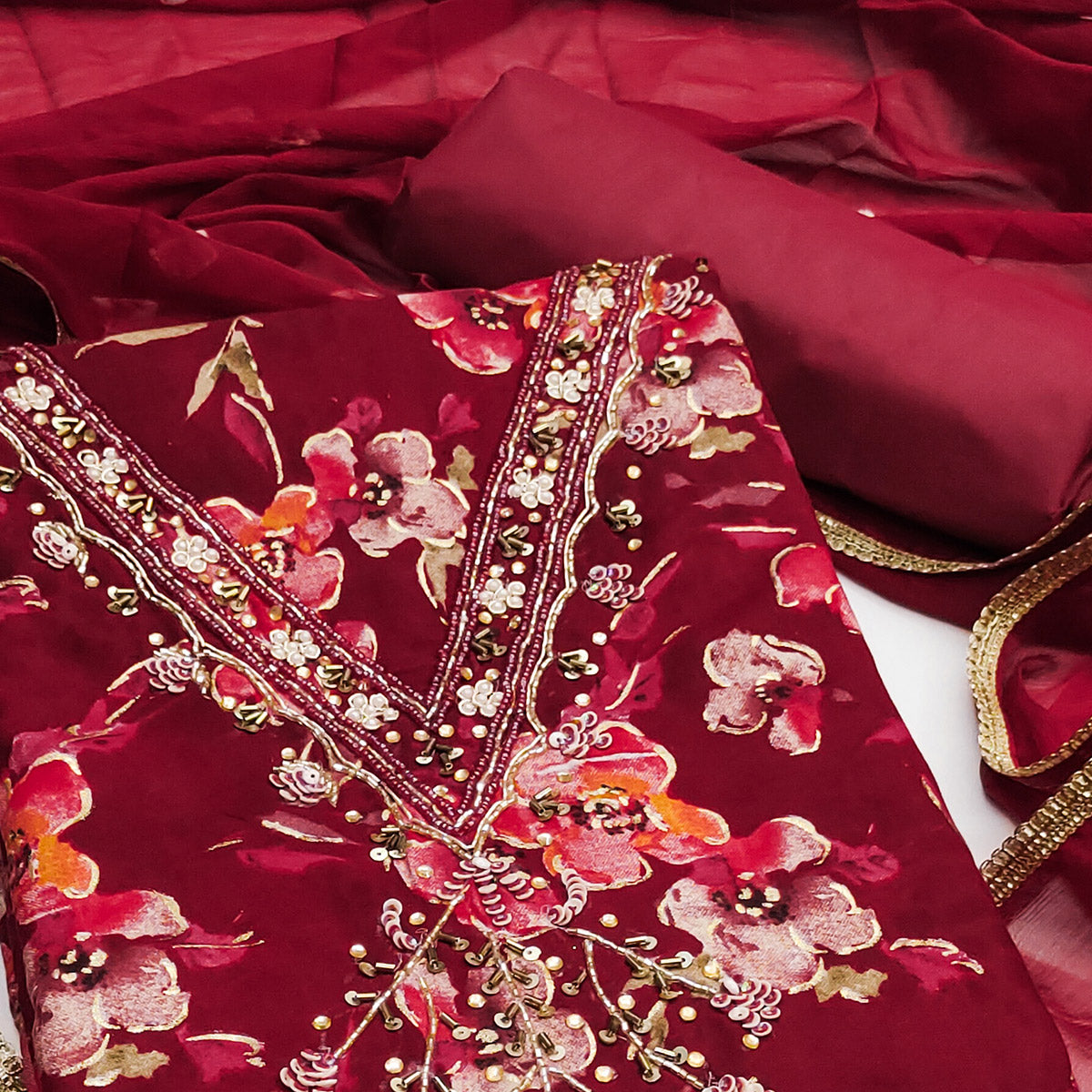Peachmode Dark Red Floral Printed With Handwork Pure Cotton Dress Material - view 2