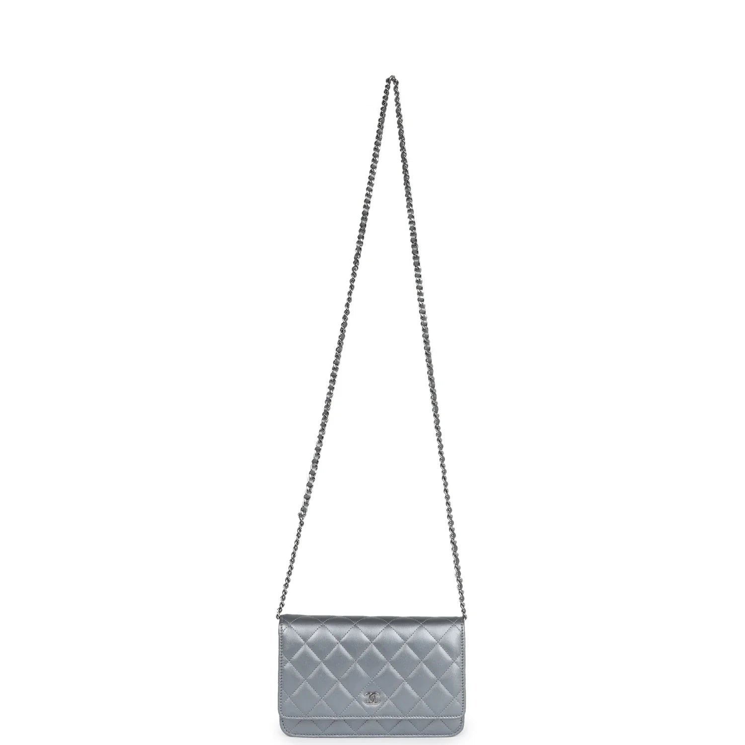 Cop Underdog Chanel Wallet On Chain WOC Silver Metallic Lambskin Silver Hardware - view 8