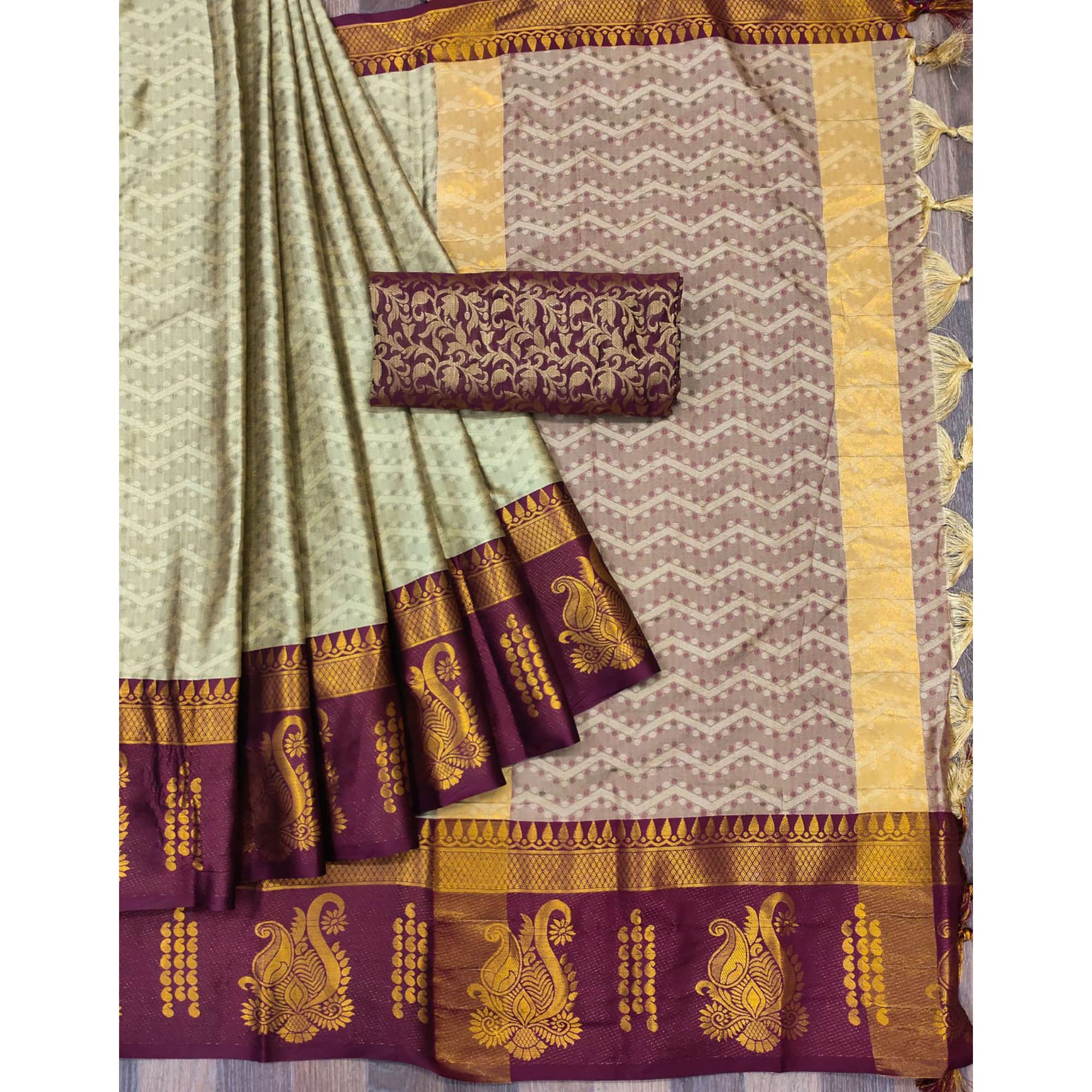 Peachmode Chikoo Woven Cotton Silk Saree With Tassels - view 3