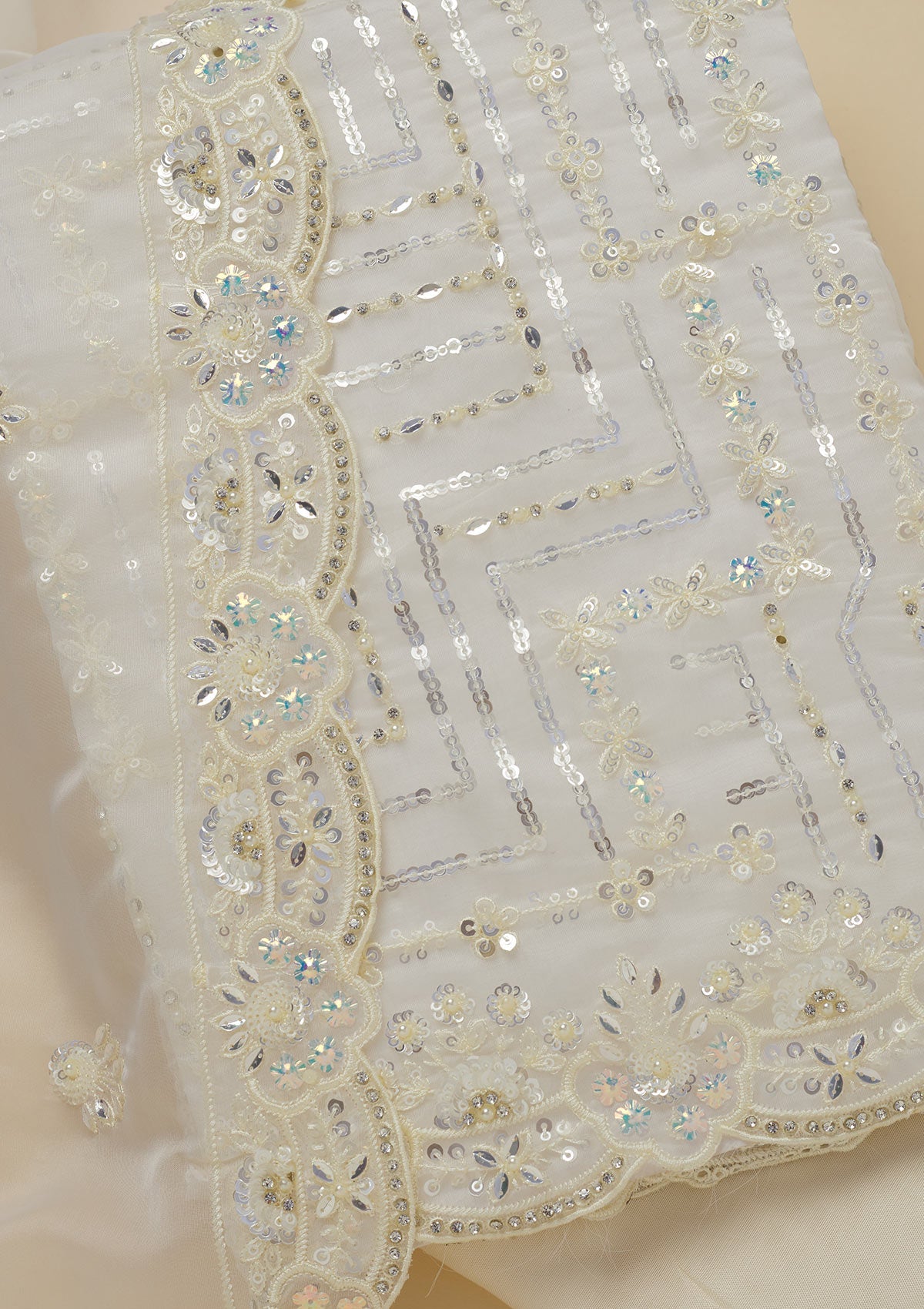 Koskii Cream Sequins Organza Unstitched Salwar Suit - view 2