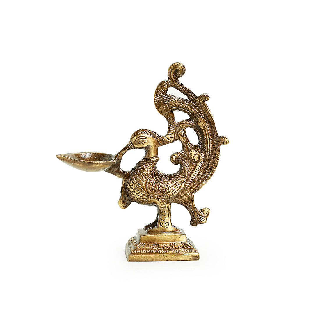EXCLUSIVELANE 'Princely Peacock' Hand-Etched Carved Diya In Brass - view 2