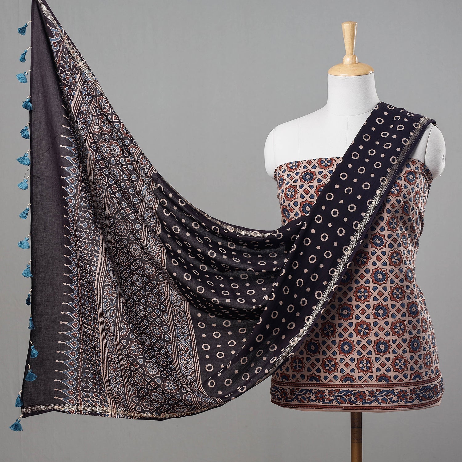 AJRAKH BY JABBAR KHATRI Beige - 3pc Ajrakh Block Printed Cotton Suit Material Set