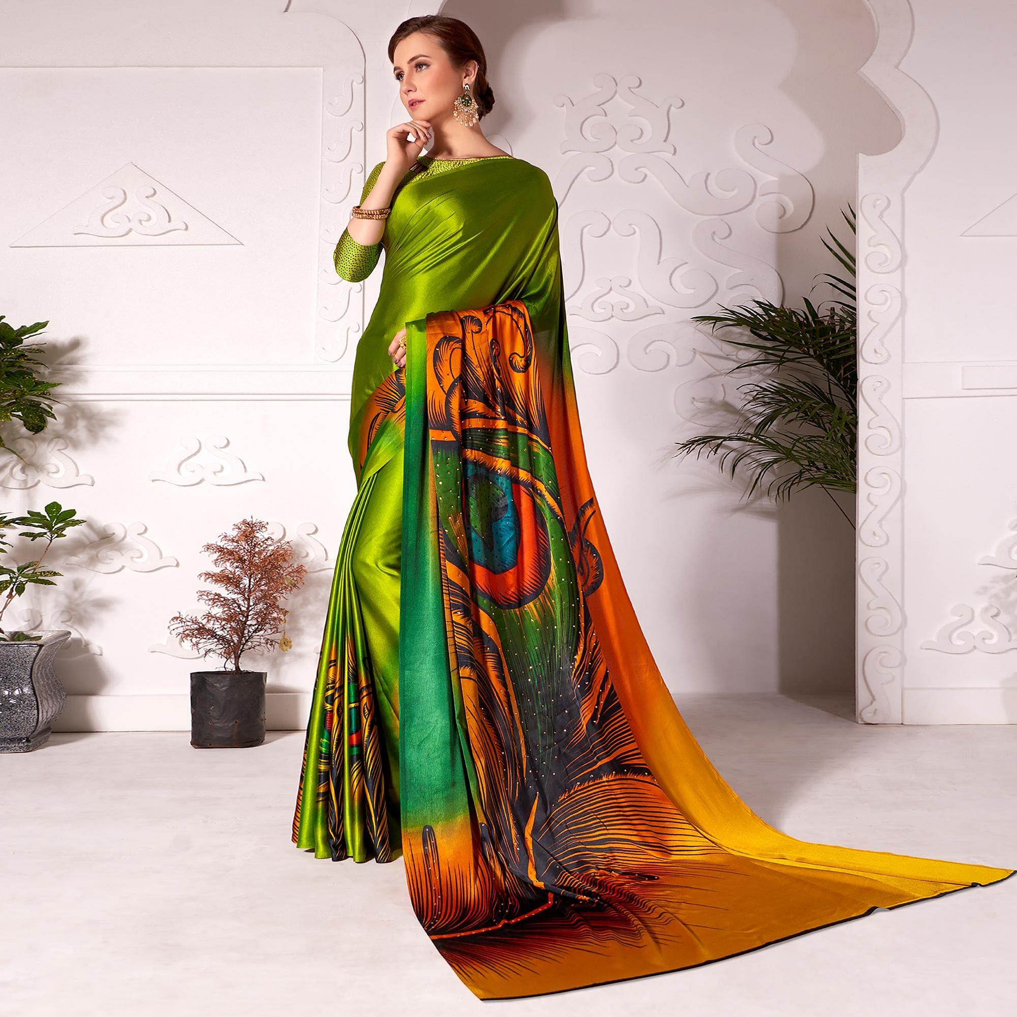 Peachmode Flamboyant Olive Green Colored Partywear Peacock Feather Printed Satin Saree