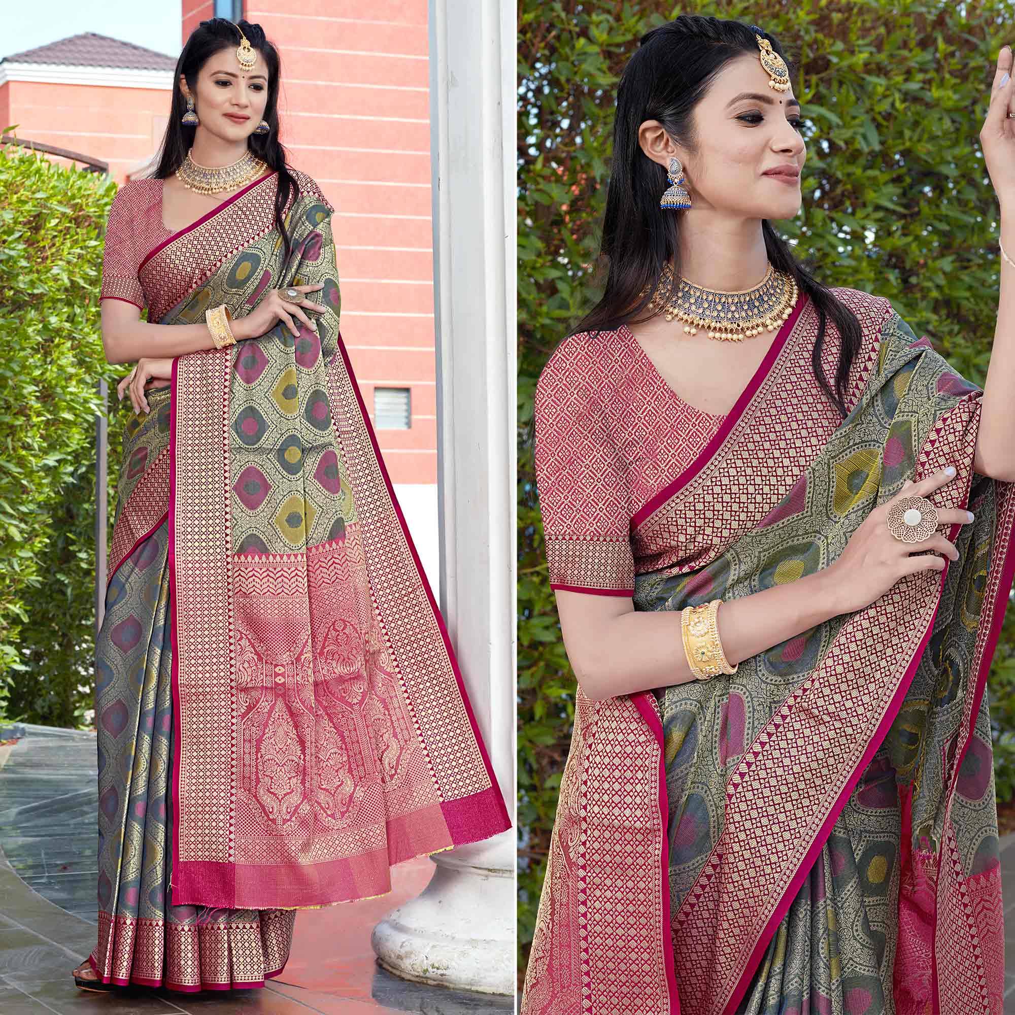 Peachmode Grey Woven Art Silk Saree – Women's