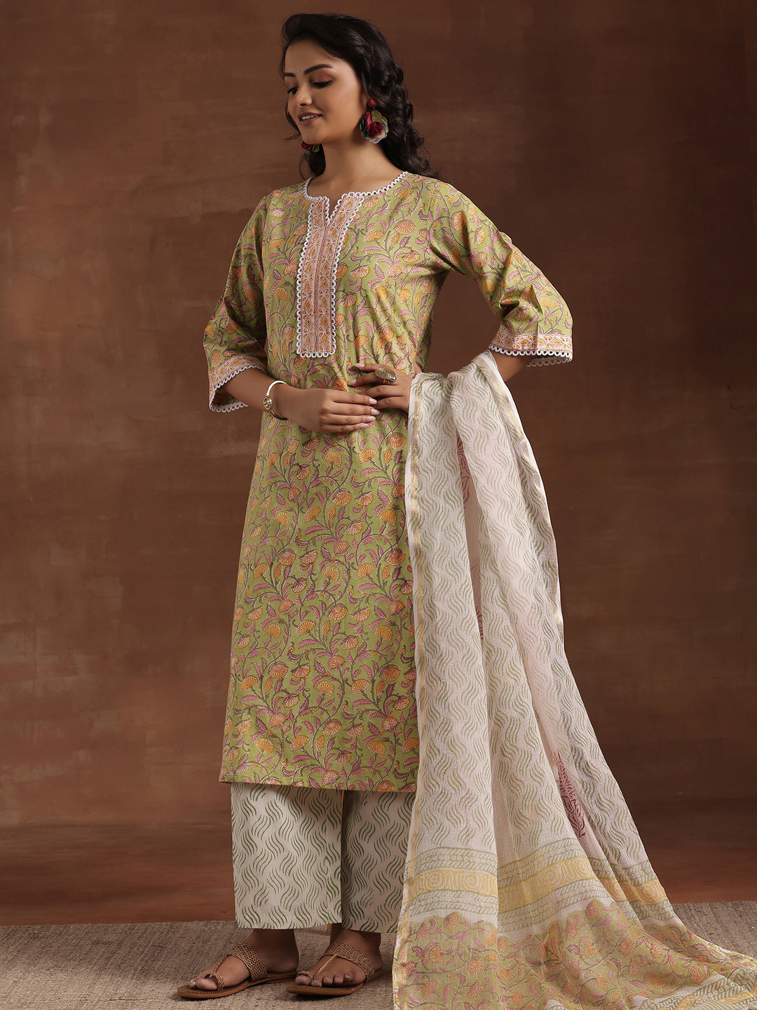 Libas Green Printed Cotton Straight Suit With Dupatta